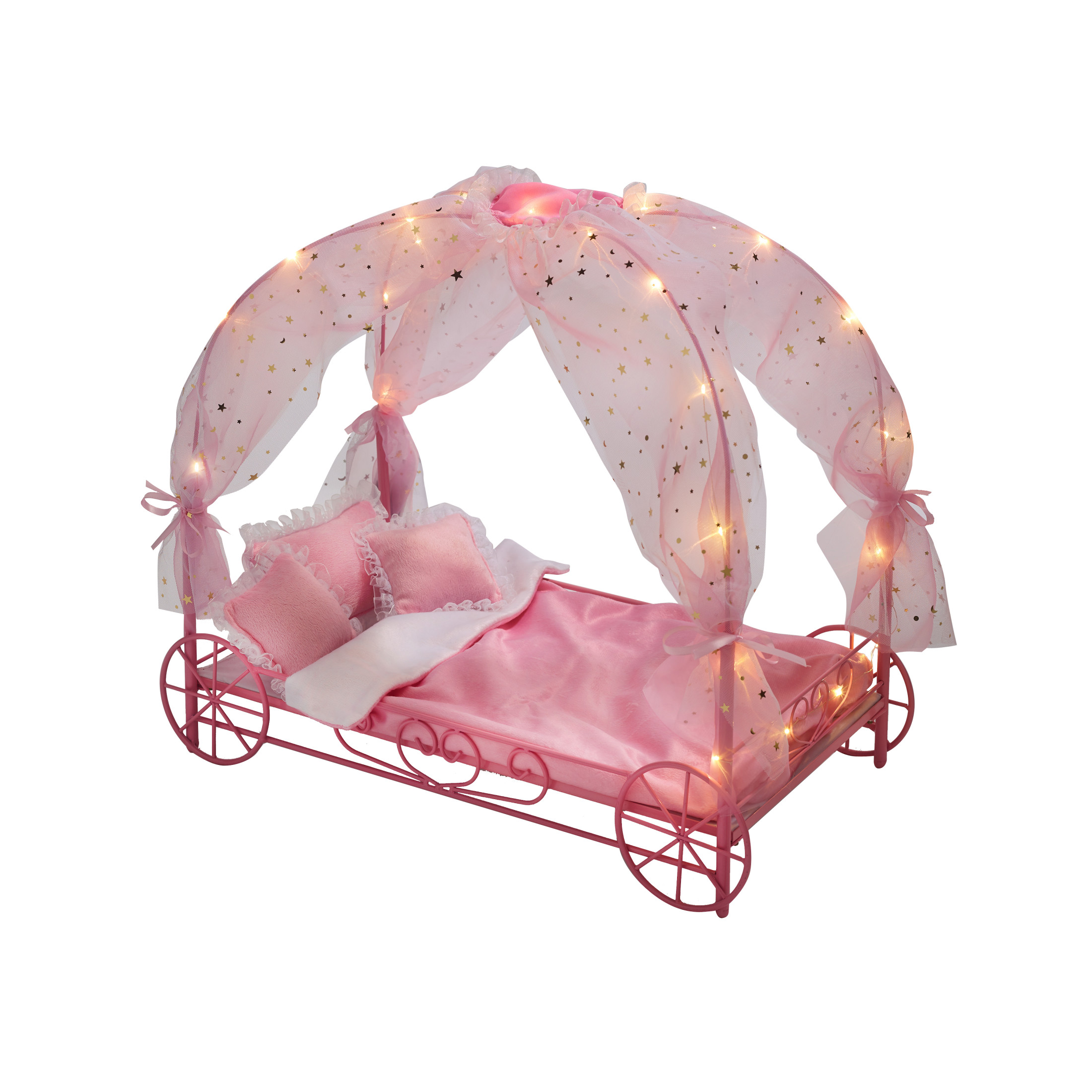 Badger Basket Royal Carriage Bed with Canopy, Bedding, LED Lights for 18 inch Dolls -Pink Badger Basket