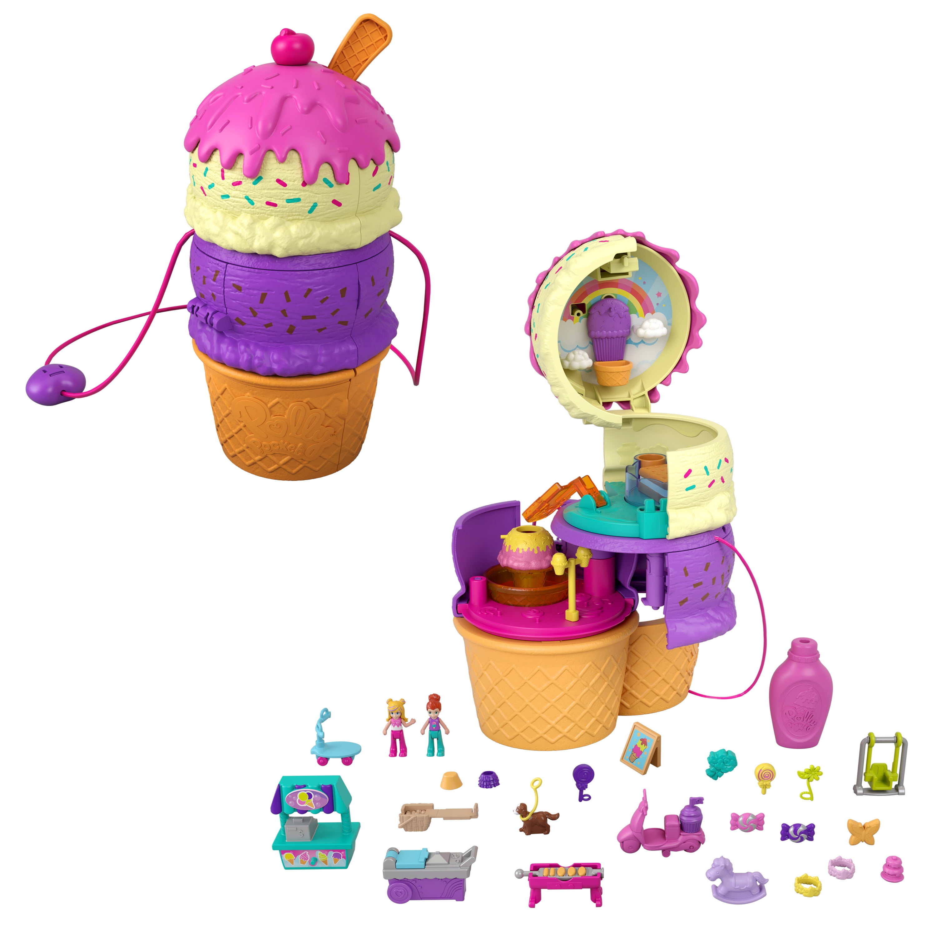 Polly Pocket 2-in-1 Spin 'n Surprise Playground, Travel Toy with 2 Micro Dolls and 25 Accessories Polly Pocket