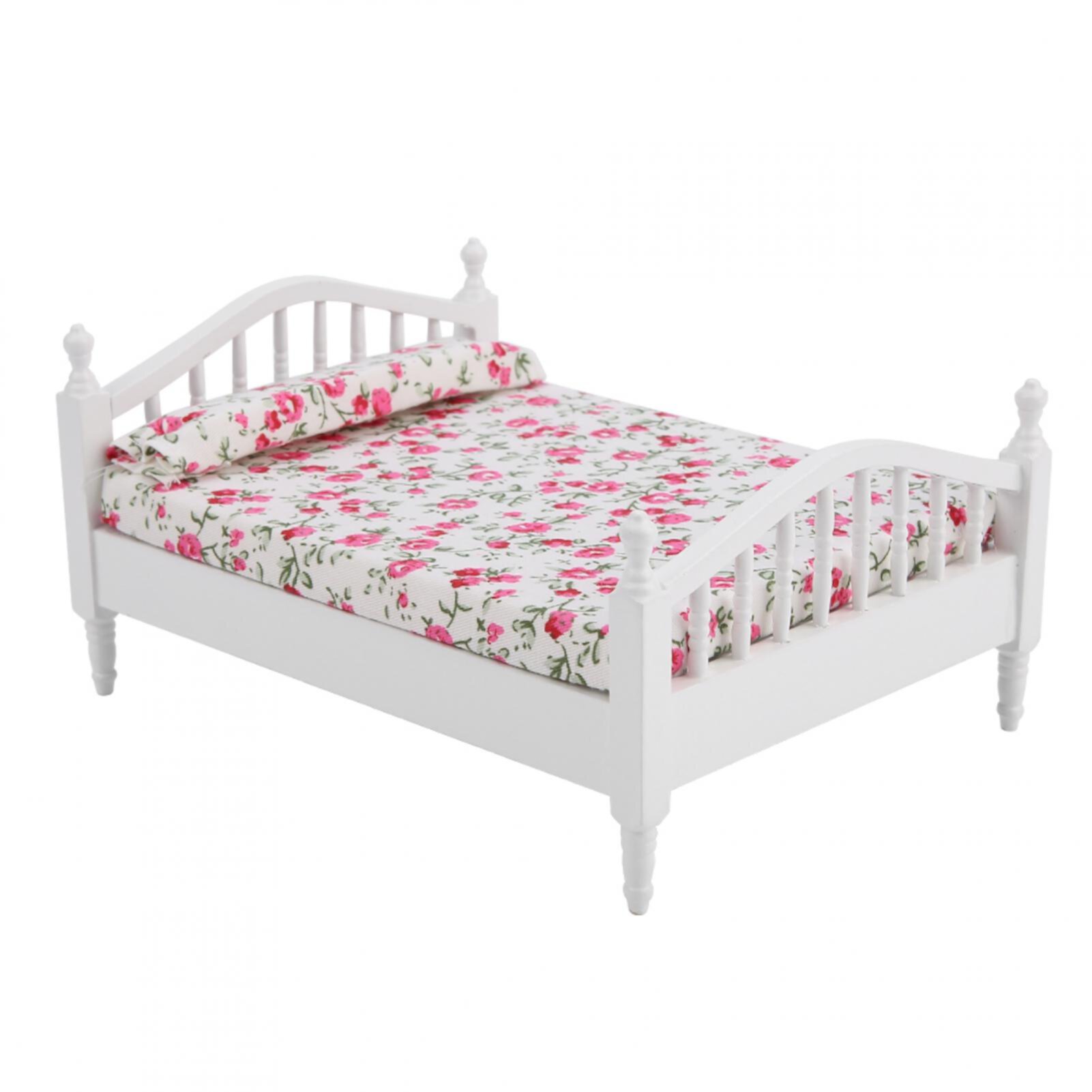 Doll Double Bed, Flower Pattern Mini Doll Bed For Doll House Bedroom OTVIAP