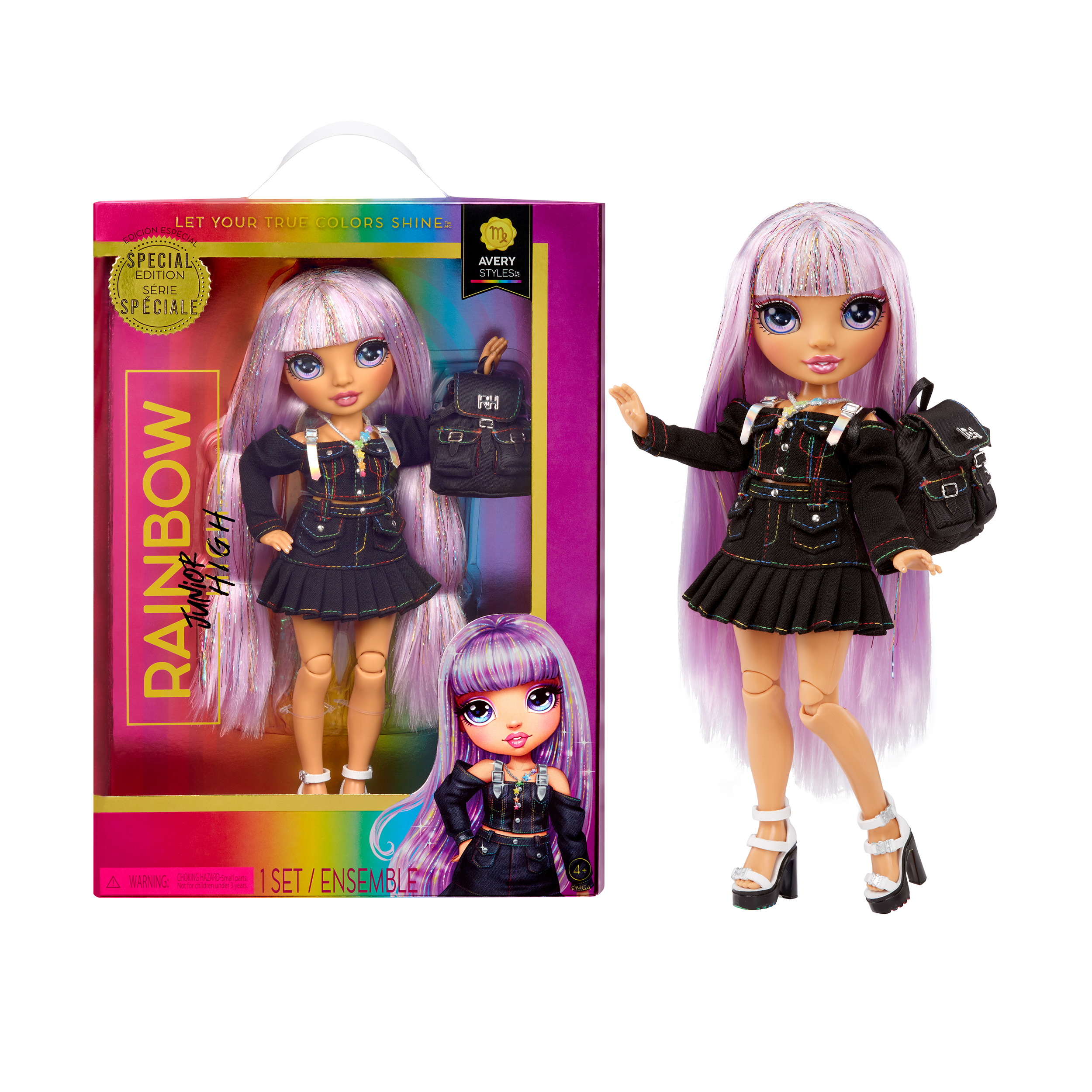 Rainbow Junior High Special Edition Avery Styles- 9" Rainbow Shimmer Hair Posable Fashion Doll with Accessories and Open/Close Soft Backpack. Great Toy Gift for Kids Ages 4-12. Rainbow High