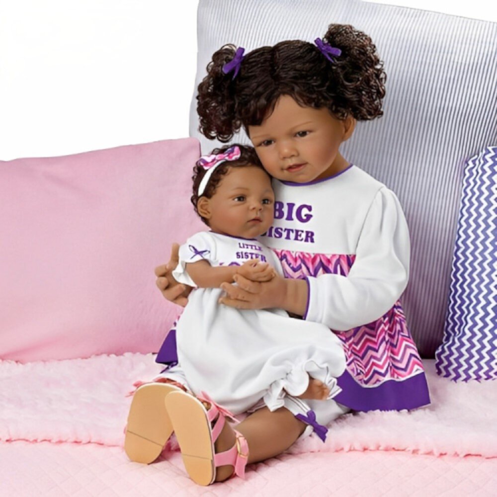 The Ashton - Drake Galleries A Sister's Love So Truly Real® Lifelike Poseable African American Black Doll Set of Two Weighted with Soft RealTouch® Vinyl Skin by Doll Artist Waltraud Hanl 24"-Inches The Ashton-Drake Galleries