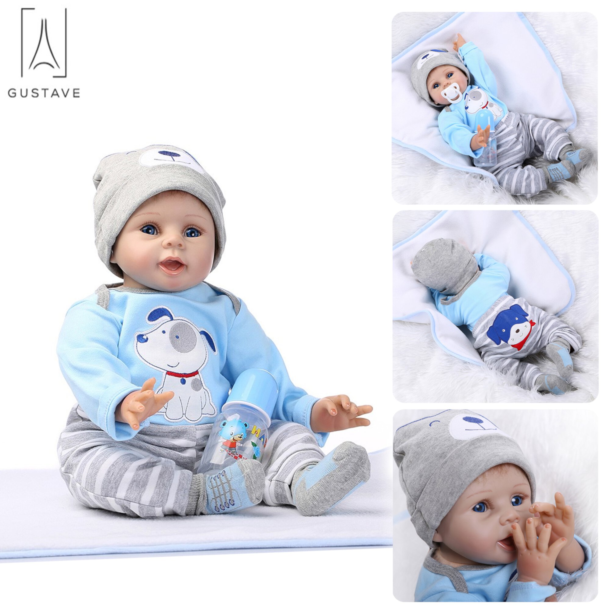 Gustave 22" Simulation Reborn Baby Doll Soft Silicone Vinyl Lifelike Baby Boy with Blue Clothes for Kids Gifts Gustave