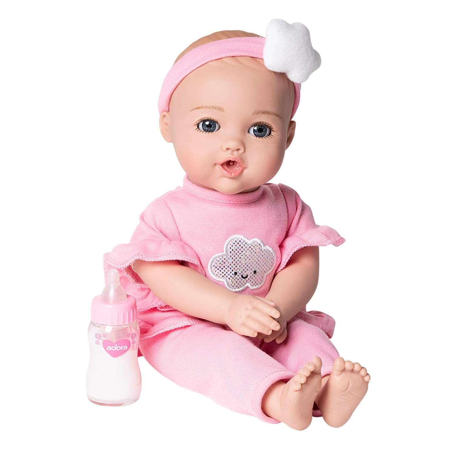 Adora Nurture Time Babies Collection, 13" Baby Doll Set with 3 Touch Activated Features, Includes Removable Cloud Patterned Outfit, Headband and Doll Bottle, Birthday Gift For Ages 1+ - Soft Pink Adora