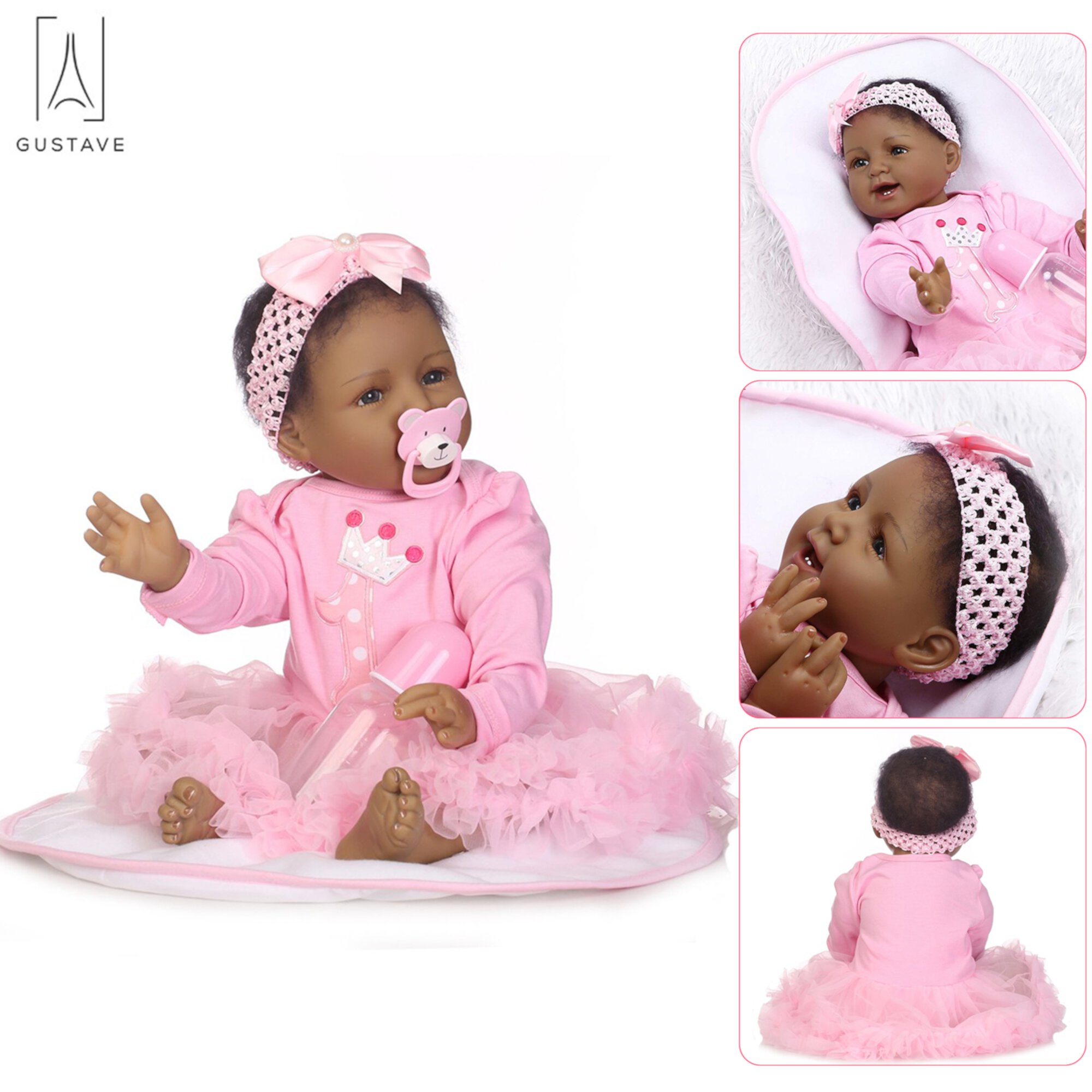 Gustave Realistic Newborn Baby Dolls 22inch Reborn Black Girl Doll Kids Education Playing Doll with Clothes Christmas Gift Collectible Toy Gustave