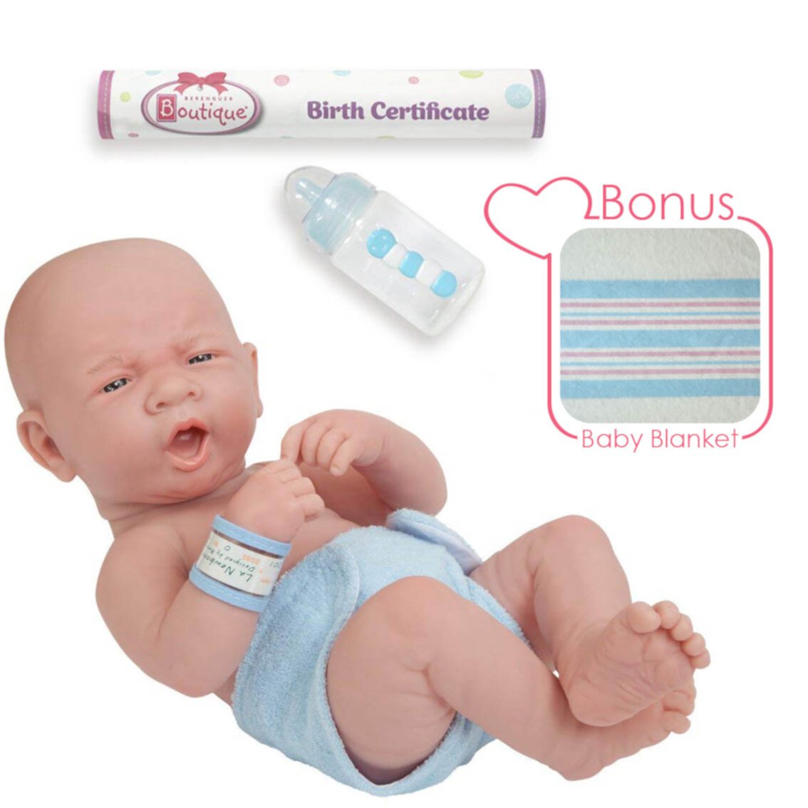 Jc Toys 14 inch Soft Vinyl Realistic La Newborn Doll In Diaper W / Bottle. Anatomically Correct Real Boy! JC Toys