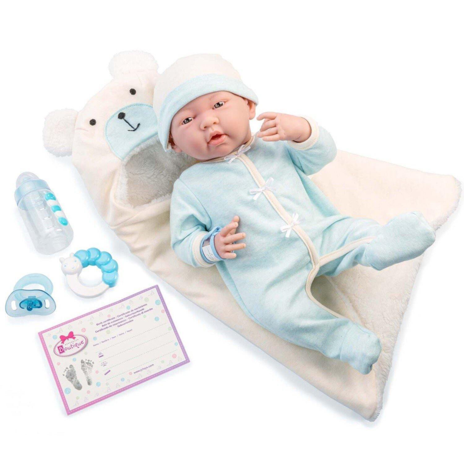 Кукла La Newborn с мягким телом, 39 см, в комплекте с голубым конвертом и соской JC Toys