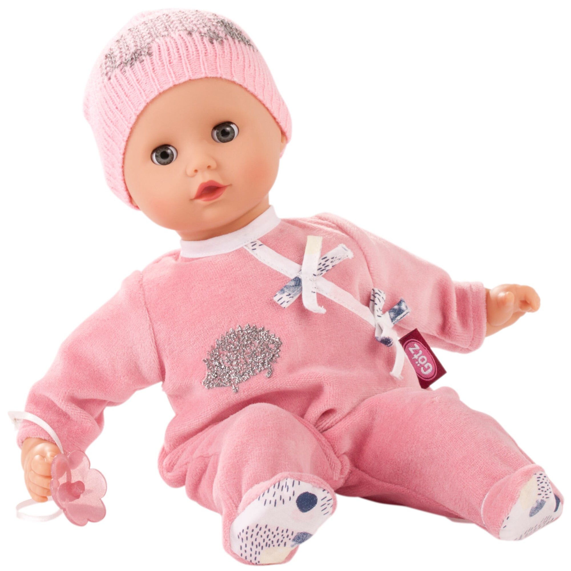 Gotz Muffin Hedgehog 13" Soft Body Baby Doll with Bald Head in Pink Velour Footed Pajamas Gotz