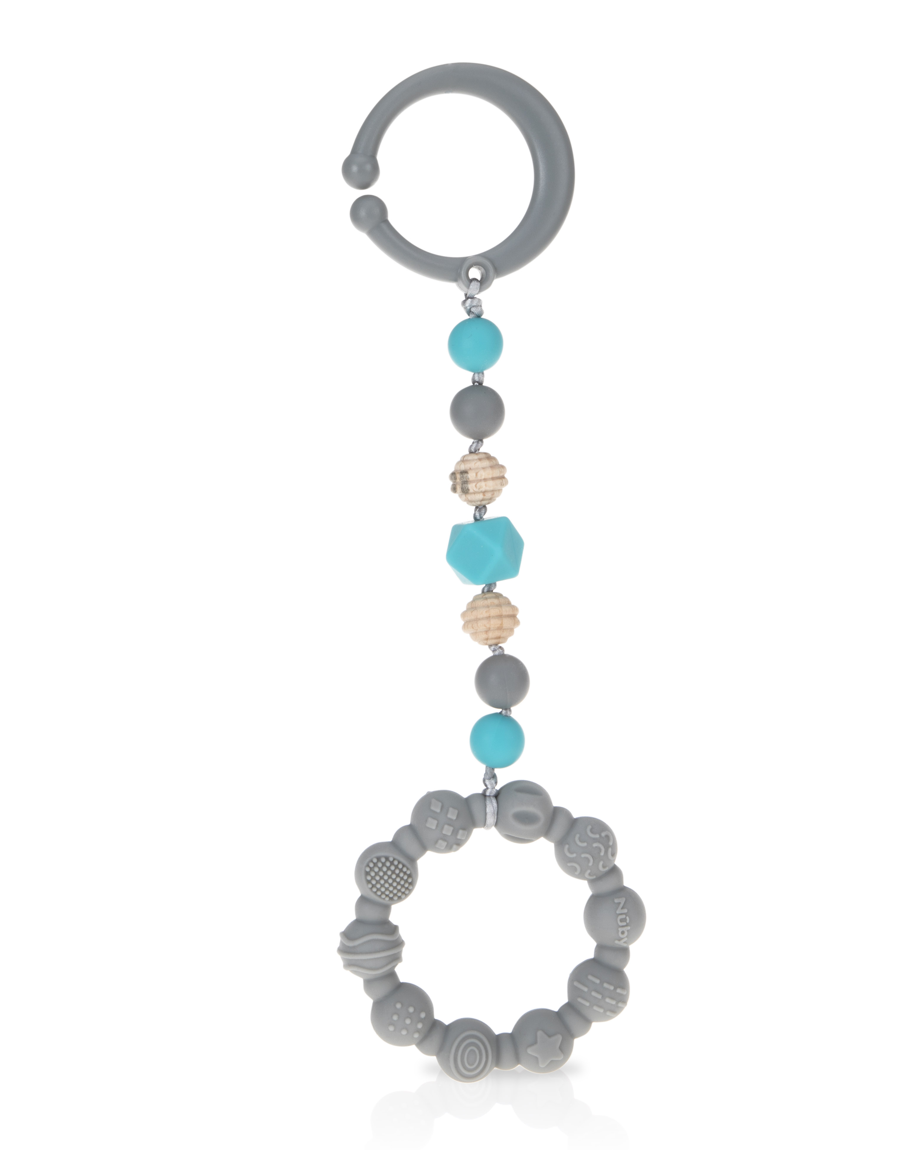 Nuby Tag-a-Long Silicone Teether Toy for Infants with Ring, Beaded String, and Clip, Gray NUBY