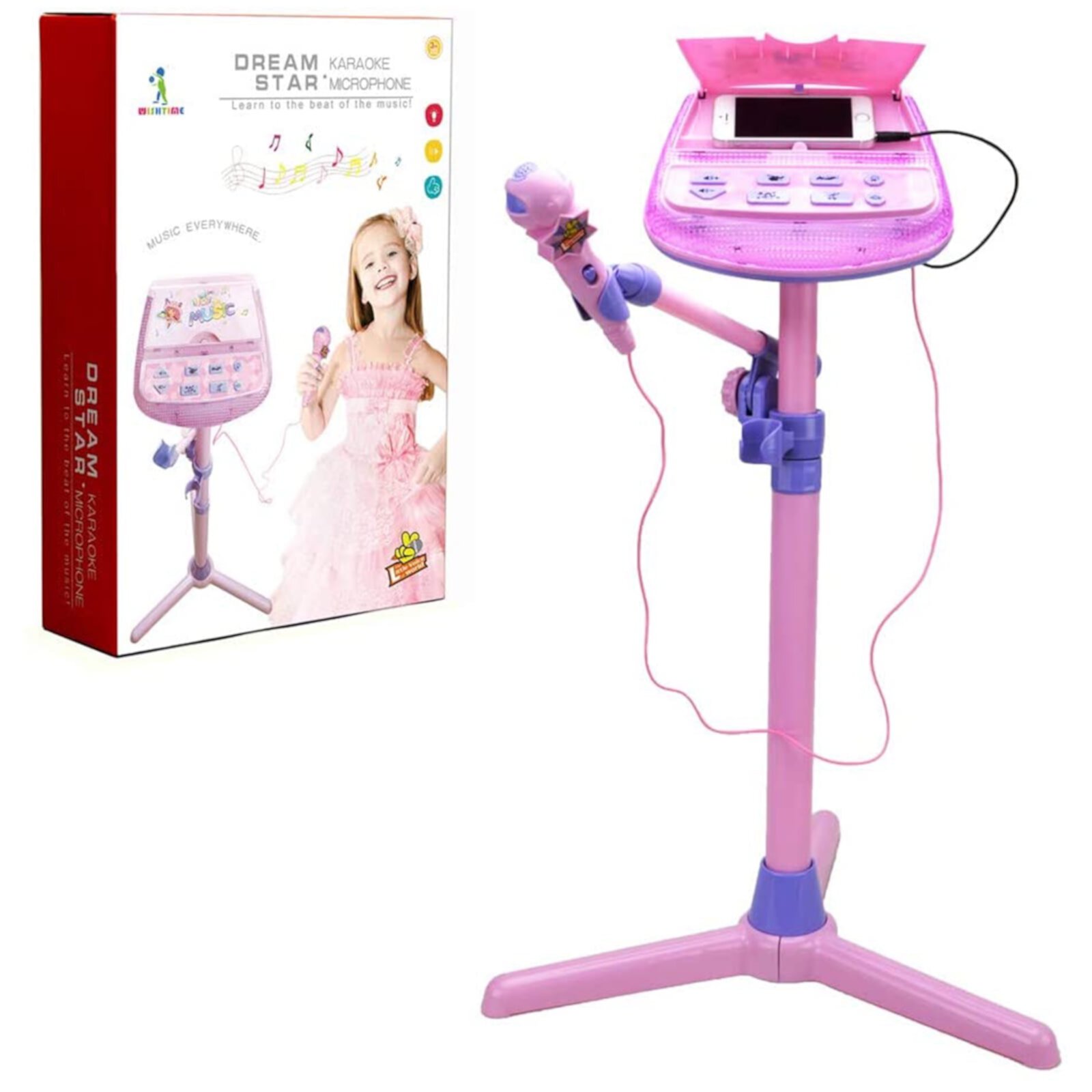 Hanmun Kids Karaoke Machine Microphone Musical Toys - Girls Pink Singing Karaoke Adjustable Stand Music Instruments Sound & Flashing Lights Toy HANMUN