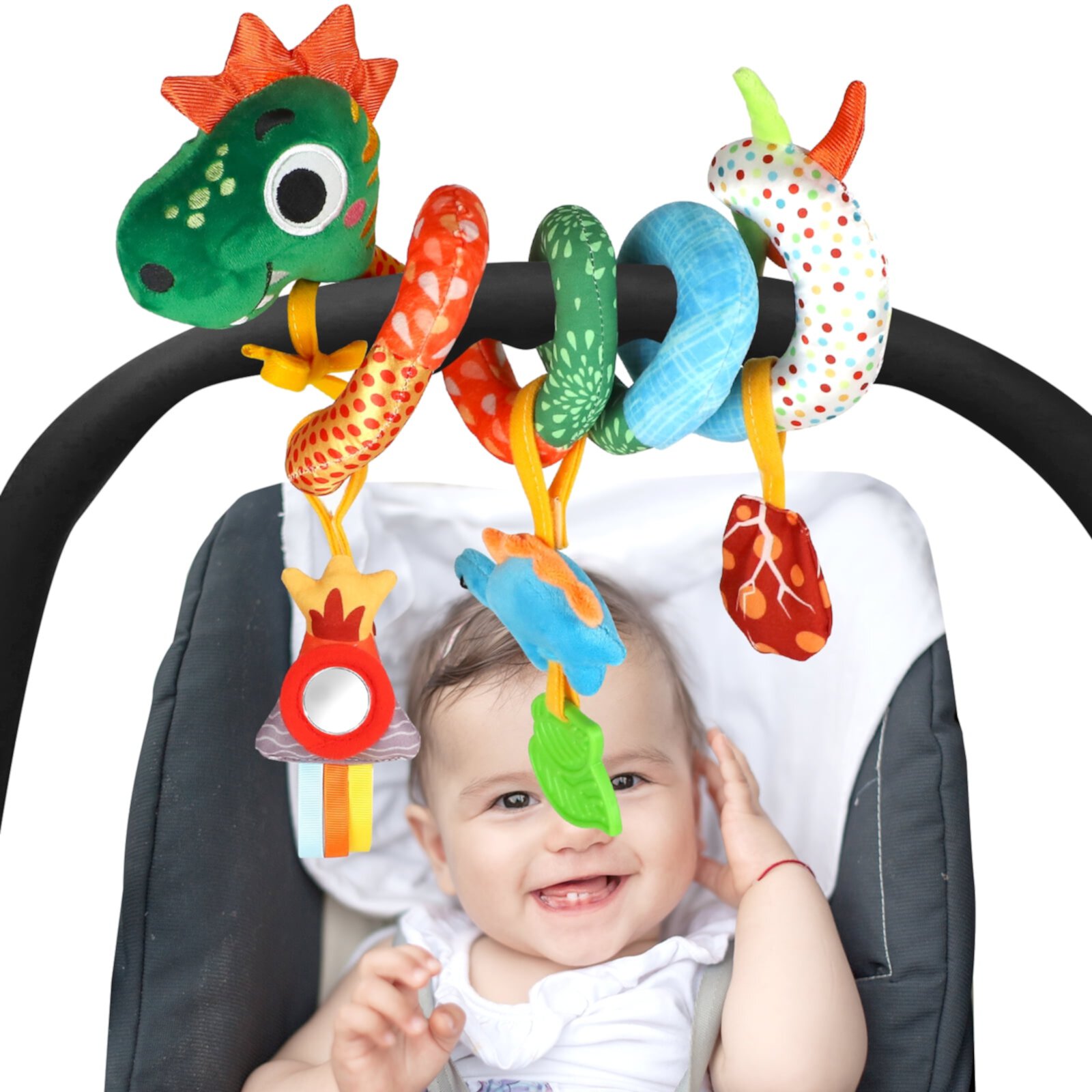 Baby Car Seat Toys, Baby Toys with Teething & Sensory Toys, Dinosaur Baby Crib Bed Around, Infant Newborn Baby Hanging Toys for 0 3 6 9 12 Months Baby Boys Girls KWANITHINK