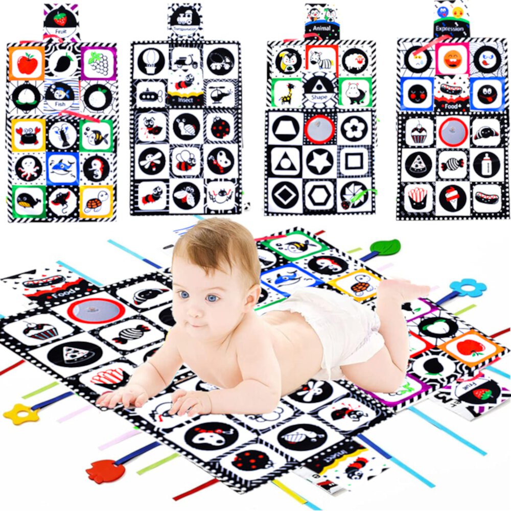 Baby Toys 0-6 Months, Tummy Time Crinkle Toys with Mirror, Black and White High Contrast Sensory Toys for 0-6-12-18 Months Infant Newborn Suorfoxs