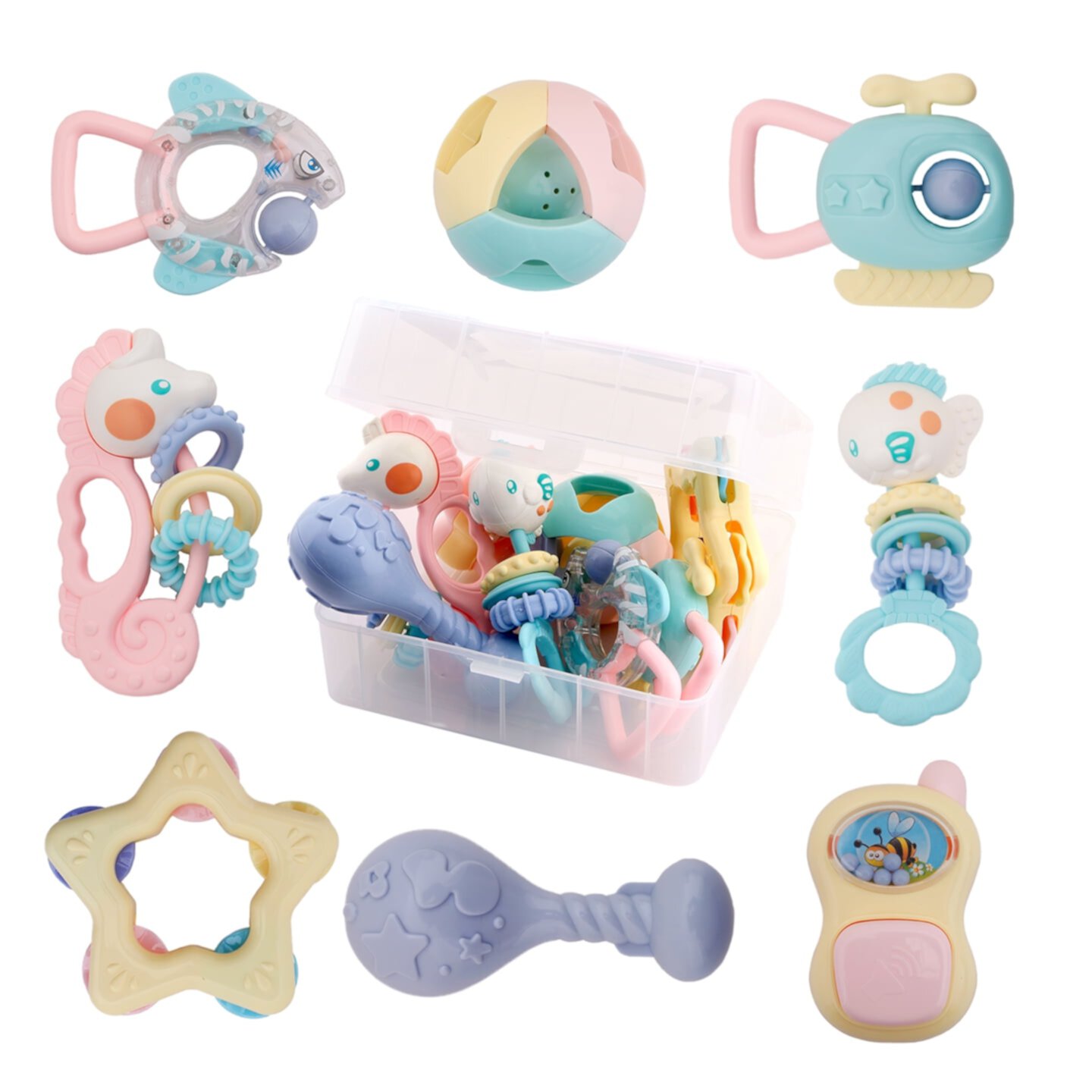 WISHTIME Baby Rattle Set 8pcs with Storage Box - Newborn Baby Toys Rattles and Teethers - Developmental Baby Sensory Toys for Girls Boys - Teething Toys for Baby 0-3-6-9-12 Months WISHTIME