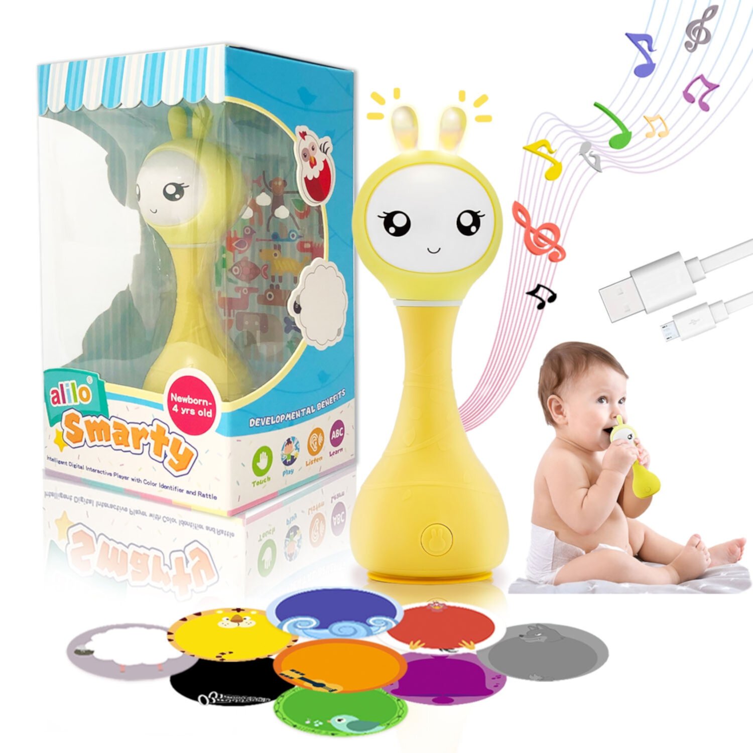 alilo Bunny Baby Rattle Toys - Teether Light-Up Rattles w/ Music Stories Lullabies All-in-one - Encourage Developmental Milestones 0-24 Months for Babies Infants Newborns (Smarty Bunny, Yellow) Alilo