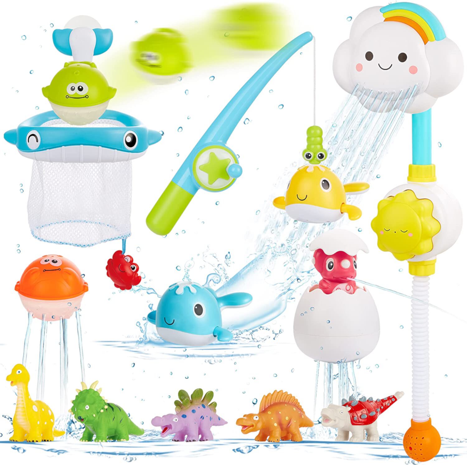 Bath Toys with Shower Dinosaur Bath Toys and Fishing Games Swimming Whales, Floating Squirts Animal Toys Set with Fishing Net Bathtub Toys for Toddlers Baby Kids Ages 1-3 Crislove