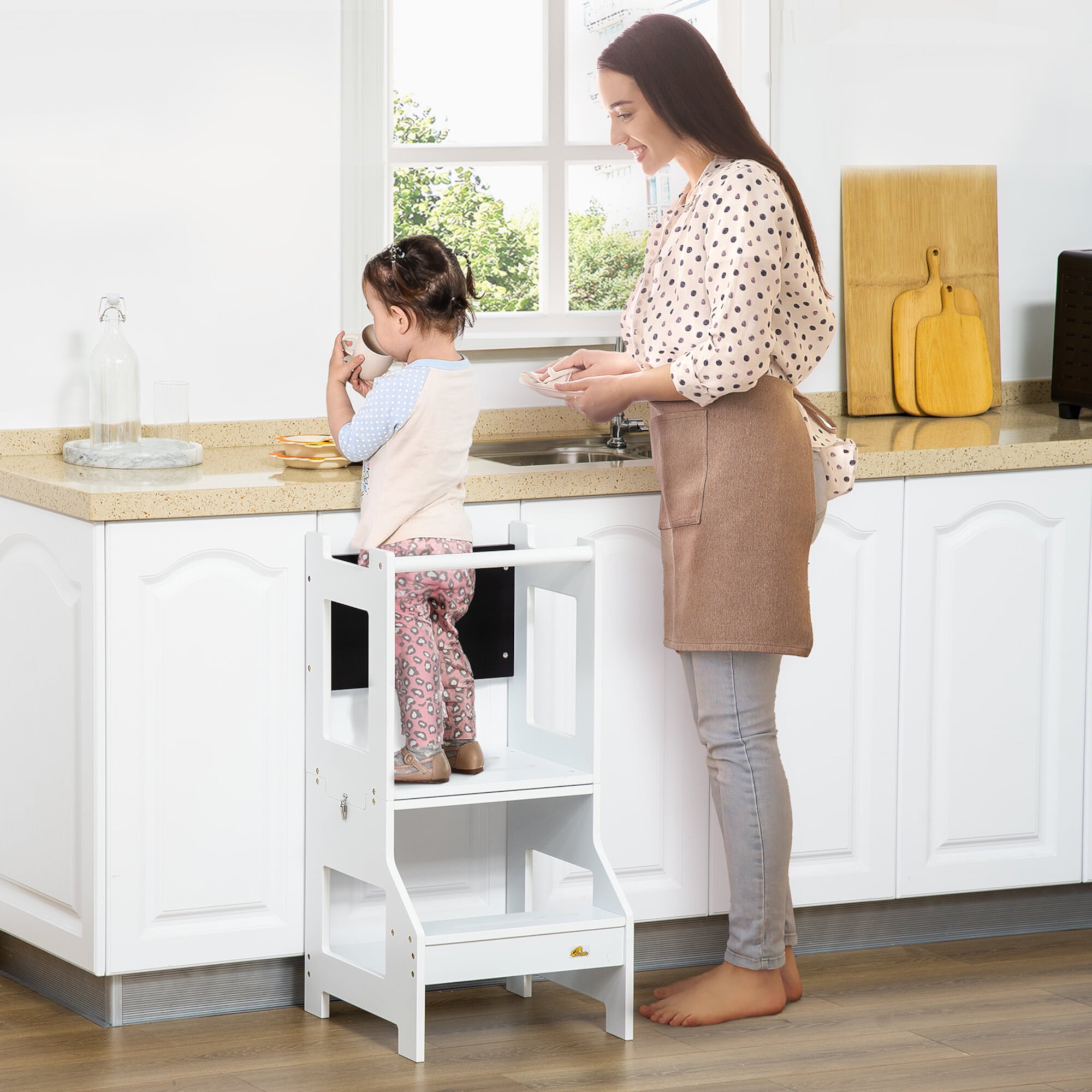 Qaba 2in1 Kids Kitchen Step Stool Ladder & Toddler Desk, Detachable, White Qaba