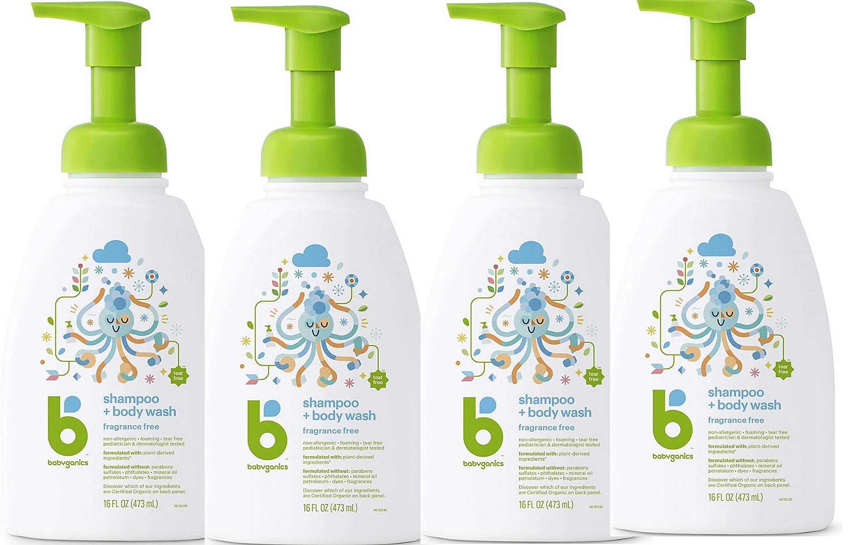 Babyganics Baby Shampoo & Body Wash - Pump Bottle, Fragrance Free, ,16 Fl Oz each. Pack of 4. Babyganics