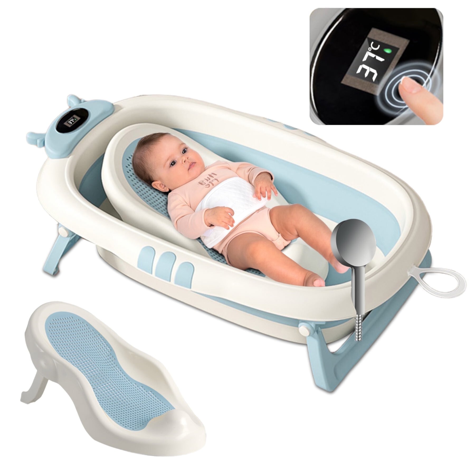 RICHYOUNG 39"Large Folding Baby Bathtub,with Intelligent Temperature Display & Support Seat(Gray) RICHYOUNG