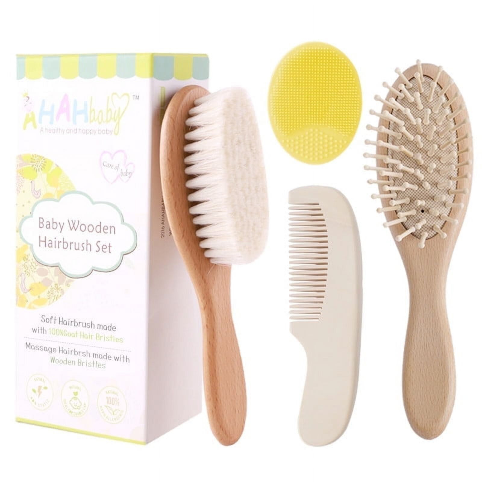 Yalumo Baby Hair Brush and Comb Set for Newborn and Toddlers, Natural Wooden Baby Hair Brush Set Yalumo