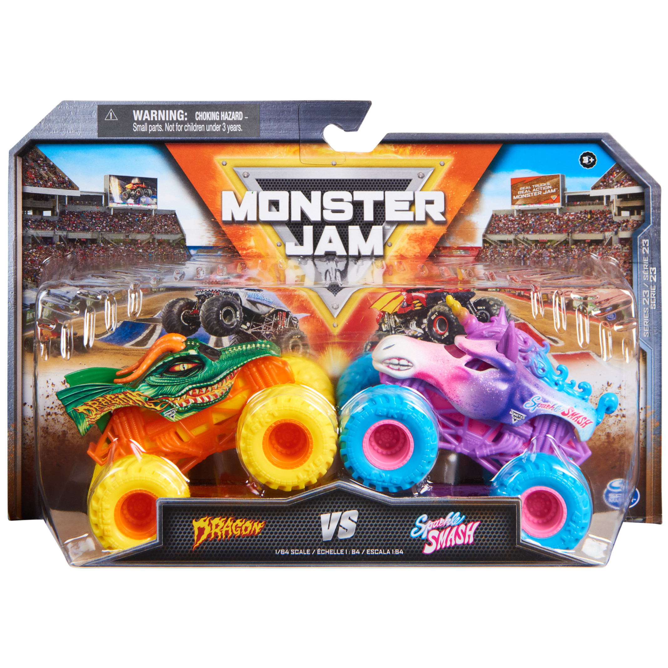 Monster Jam Dragon Vs. Sparkle Smash - 1:64 Scale Monster Trucks, Girl and Boy Toys Monster Jam