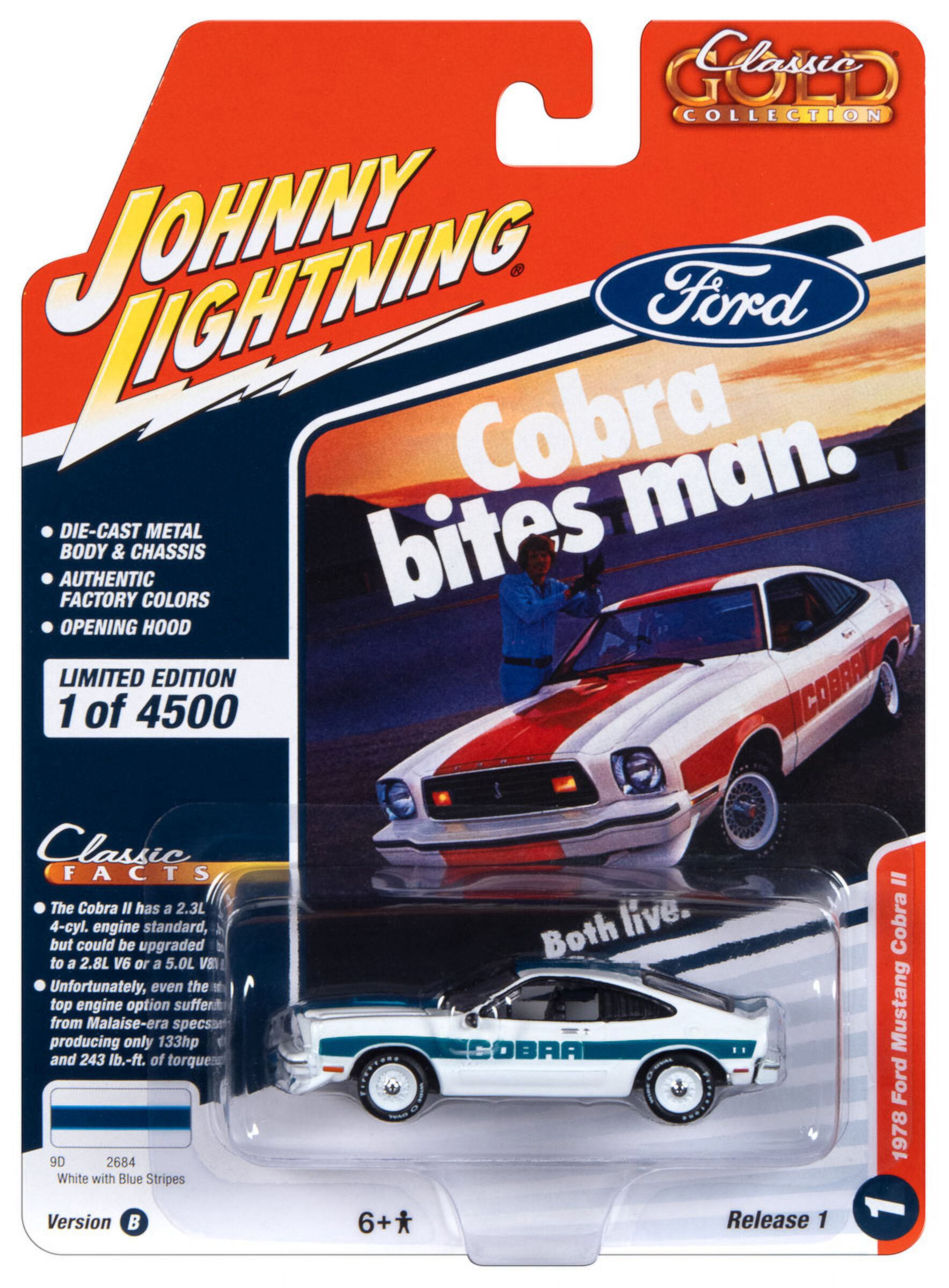 Diecast 1978 Ford Mustang Cobra II White with Blue Stripes "Classic Gold Collection" 2023 Release 1 Limited Edition to 4500 pieces Worldwide 1/64 Diecast Model Car by Johnny Lightning Johnny Lightning