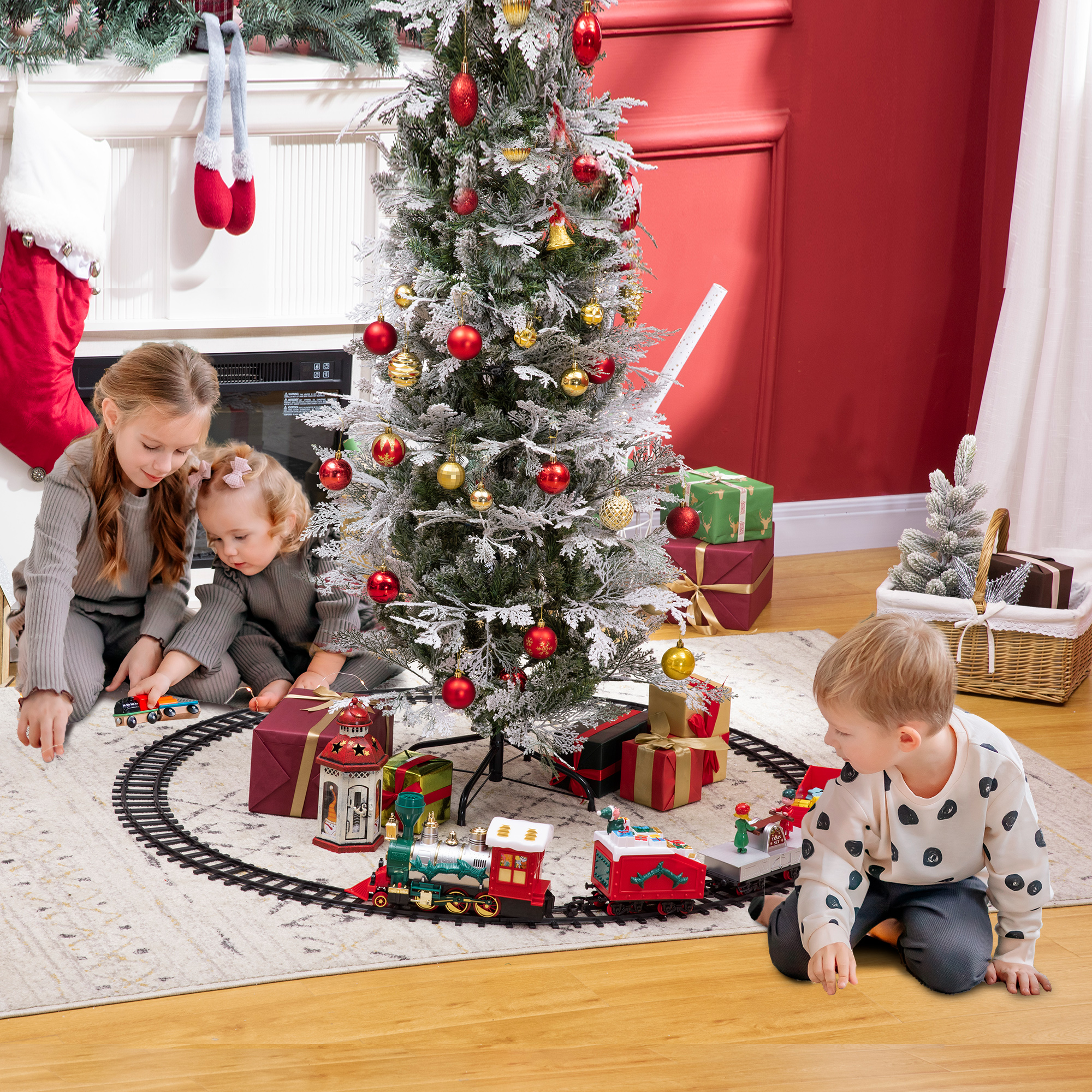 Qaba Electric Train Set for Kids, Battery-Powered Christmas Train Toy Set with Sounds & Lights, Classic Toy Train Set with Gifts Box for 3-8 Years Old Boys Girls, Red Qaba