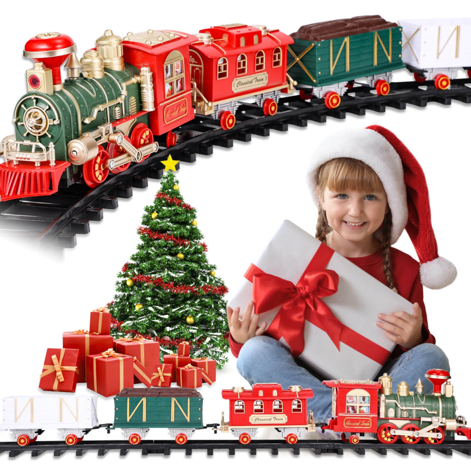 AOKESI Steam Train Set Toy, Classic Electric Train Set with Smoke, Light, Sounds and Railway Kits, Toy Train for Under The Tree w/ Steam Locomotive Engine for 3+ Years Old Kids AOKESI