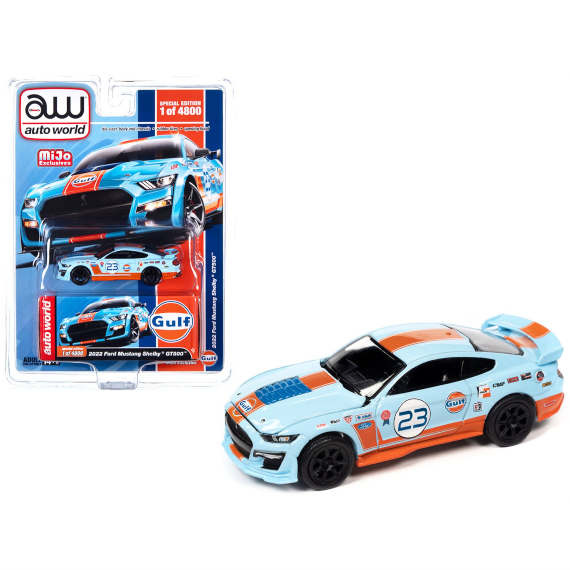 2022 Ford Mustang Shelby GT500 23 Azul Claro con Rayas Naranjas "Aceite de Gulf" Edición Limitada a 4800 Piezas en Todo el Mundo 1/64 Modelo de auto Fundido a Presión por Auto World Auto World