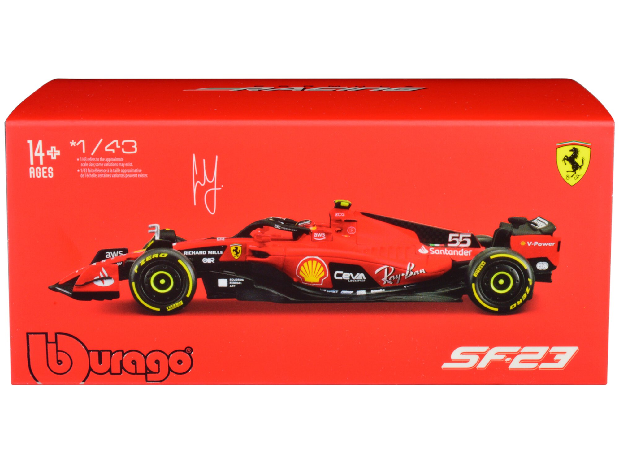 Ferrari SF-23 55 "F1 World Champion" (2023) con Vitrina "Fórmula Carreras" Serie 1/43 Modelo de Coche Fundido a Presión por Bburago Bburago