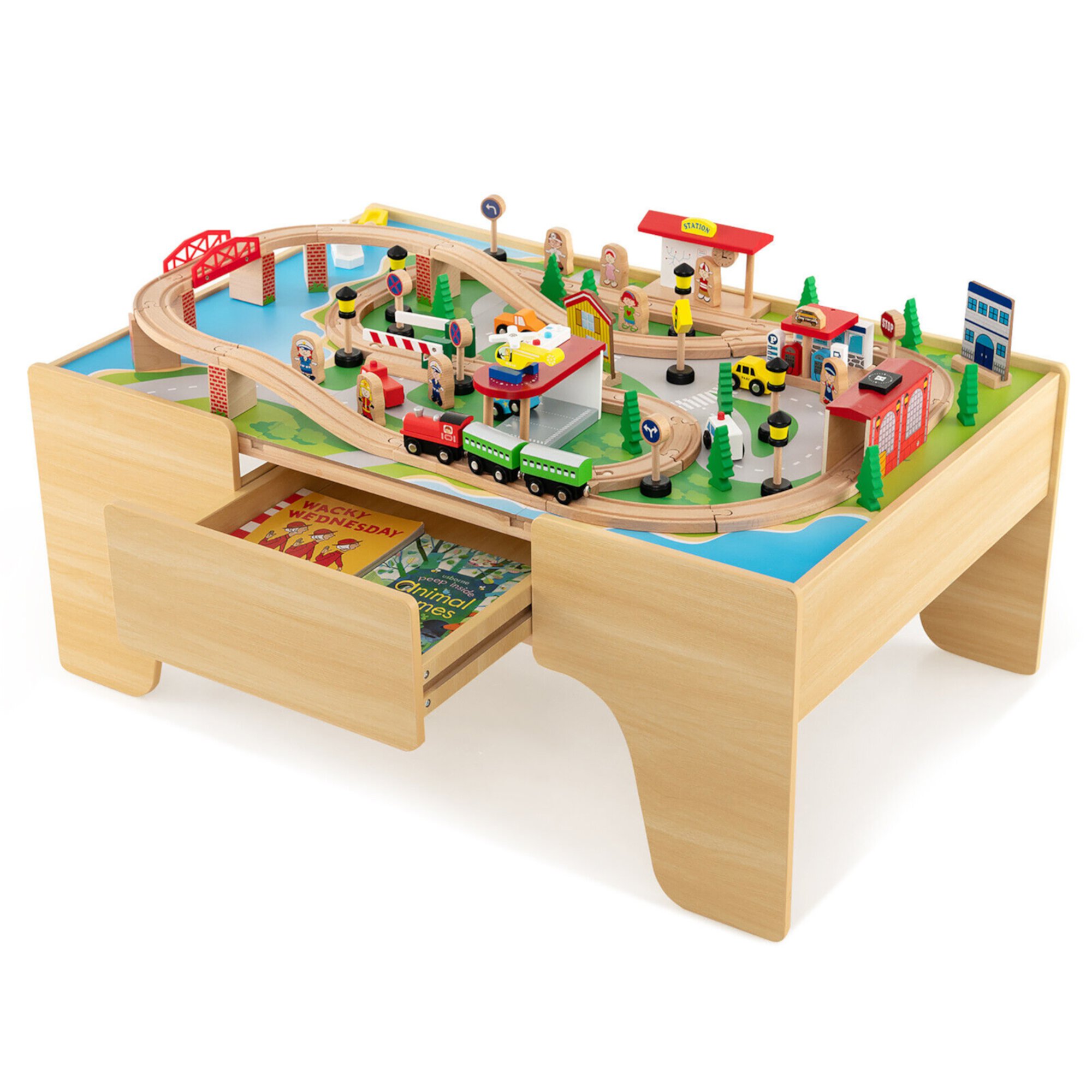 Gymax Kids Wooden Train Activity Playset w/ Solid Wood Tracks Large Storage Drawer GYMAX