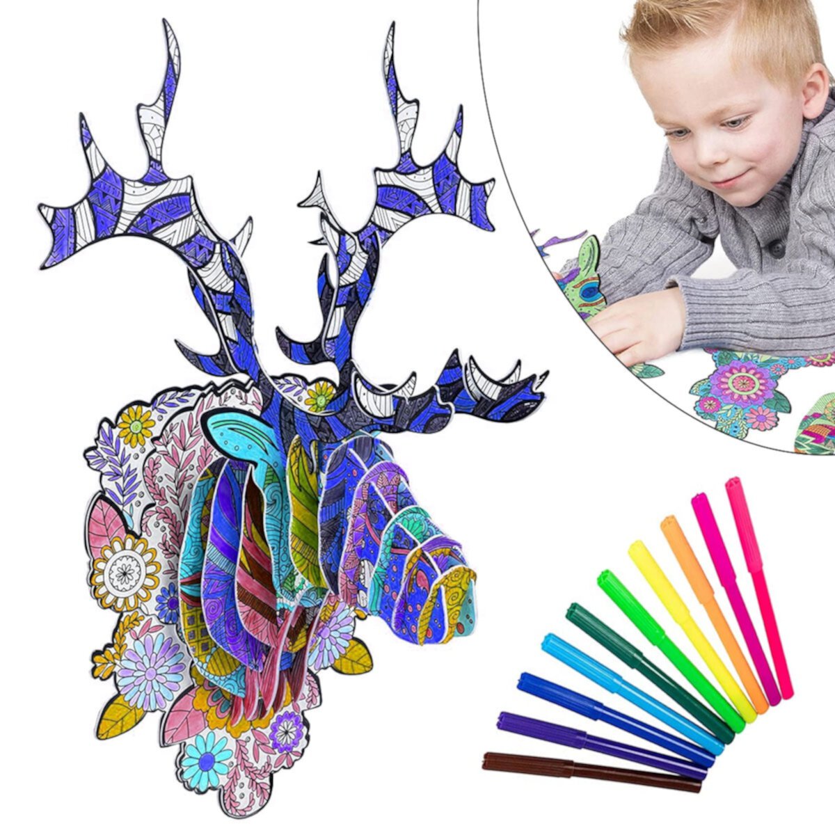 Kids 3D Puzzle Set Horse, Art Coloring Painting Puzzle with 10 Coloring Pen Educational Creative DIY Toy Gift for for 3 4 5 6 7 8 9 10 11 12 Year Old Girls Boys Qishi