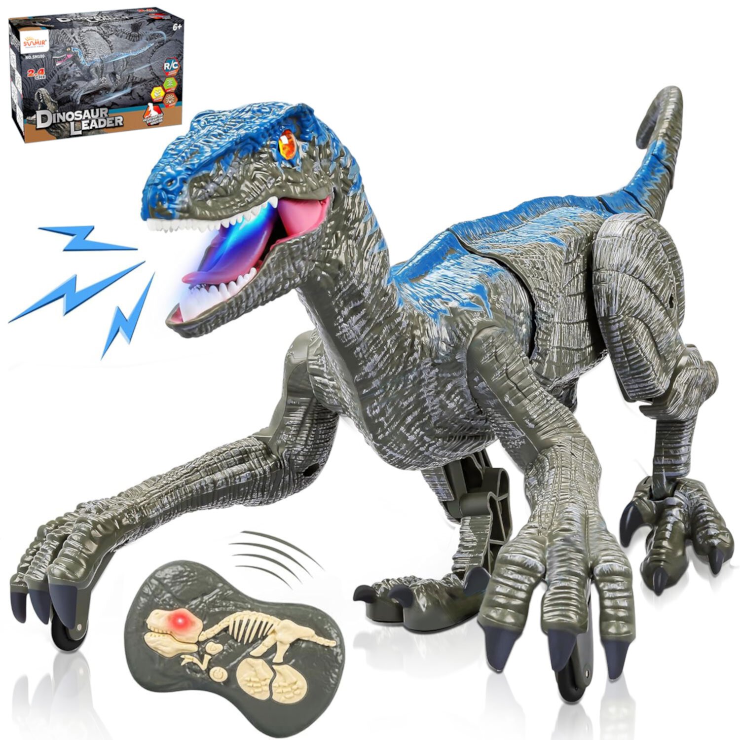 Kid Odyssey RC Dinosaur Toys for Kids Age 5-7 8-12, Velociraptor Jurassic Dino Electronic Pets Interactive Toys Rechargeable, with 3D Eye, LED Light, Realistic Roaring, Shaking Head and Tail Wagging Kid Odyssey