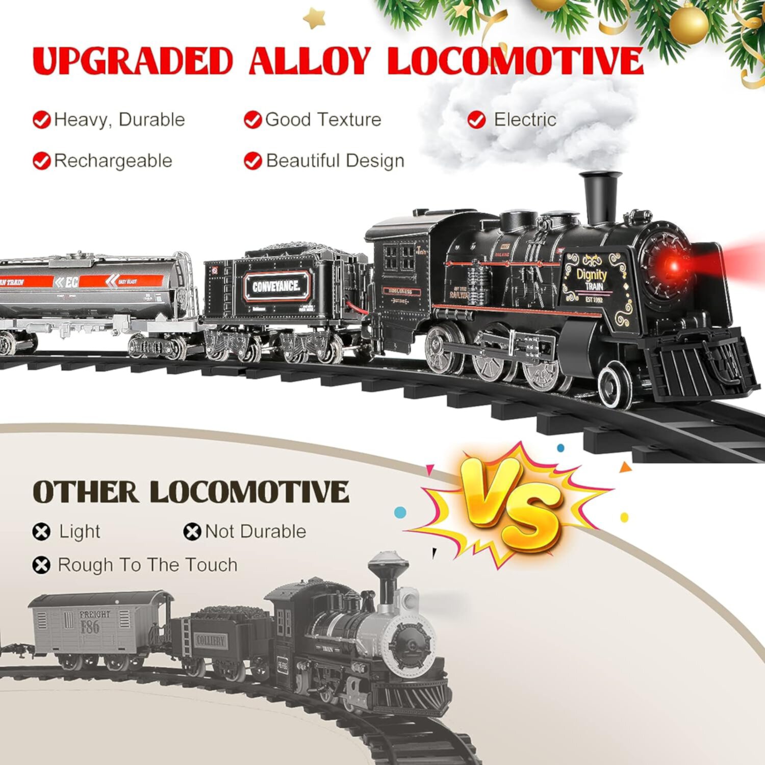 Beefunni Model Train Set for Boys - Metal Alloy Electric Trains Set with Steam Locomotive,Train Toys with Smoke, Sounds & Lights, Christmas Toys Gift for 3 4 5 6 7+ Years Old Kids Beefunni