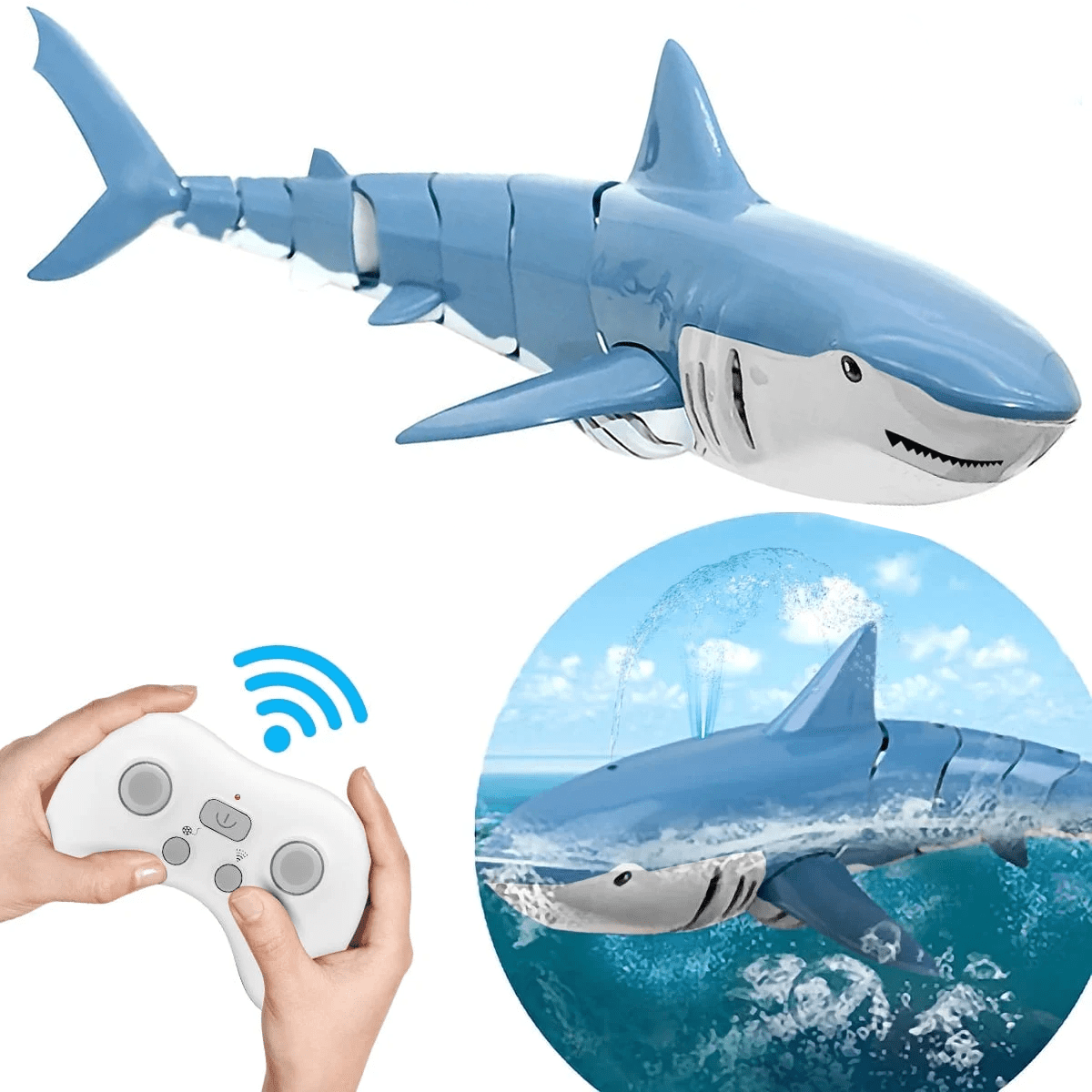 Lvelia 2.4Ghz Remote Control Shark Toys for Boys Girls,1:18 Scale High Simulation Shark for Pool, Electric RC Shark Fish Toys with Light & Spray Water Function for Kids Ages 6+,Blue Lvelia