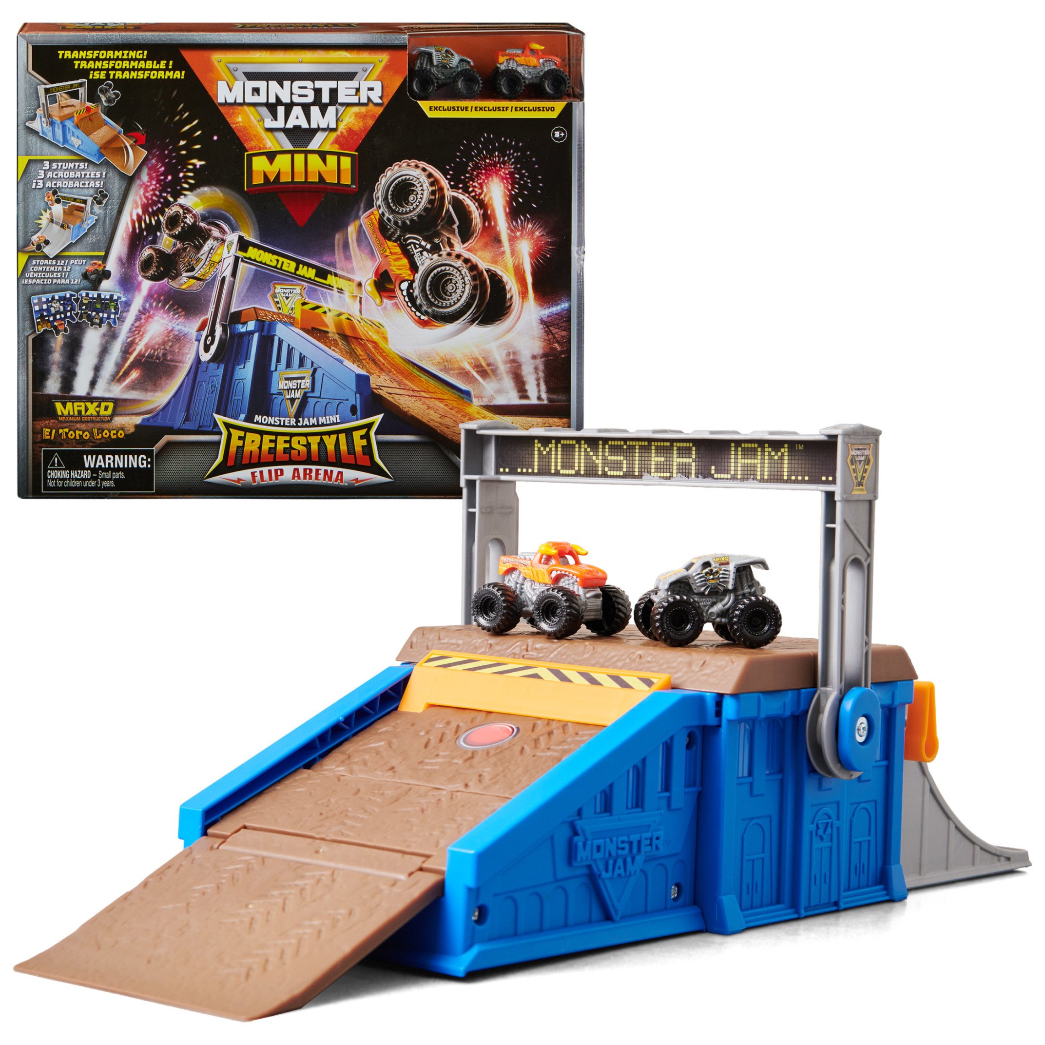 Monster Jam Mini Freestyle Flip Arena Playset and Storage with 2 Mini Monster Jam Trucks, Kids Toys for Boys and Girls Ages 3 and up Monster Jam