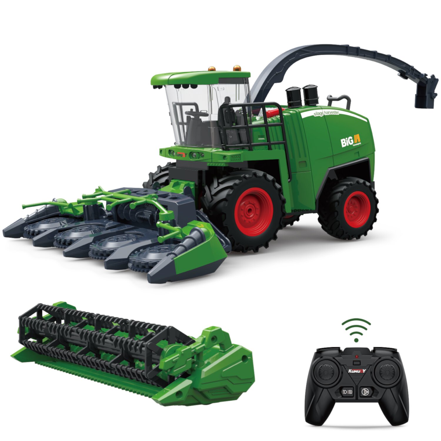 Fisca 2 in 1 Remote Control Farm Tractors Toys with Roller Cutter and Rotary Harvesting Head, 6 Channel Spray Harvester for Kids 3+ Fisca