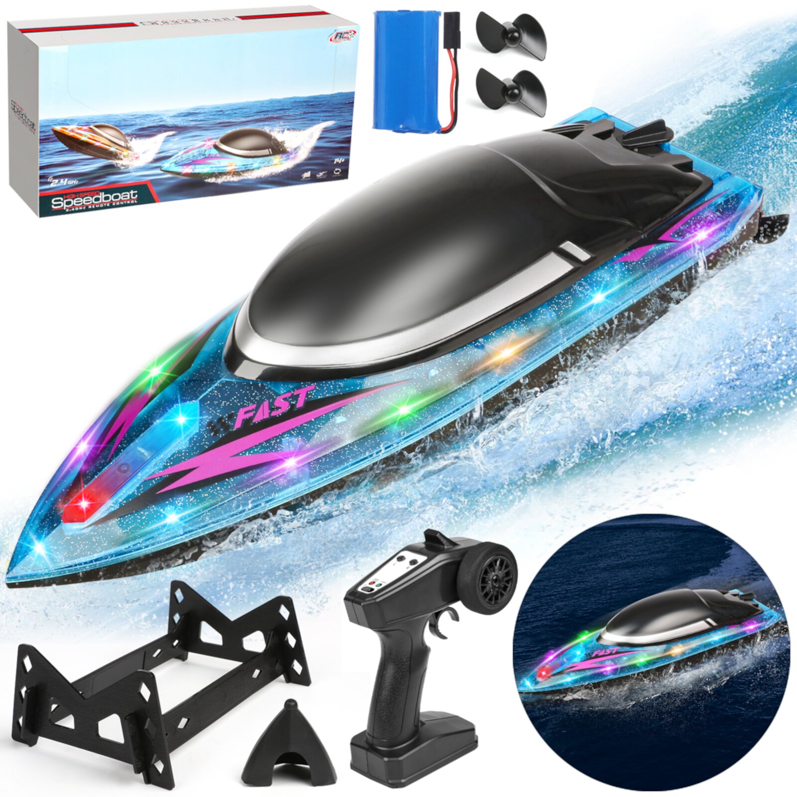 Hot Bee RC Boat for Kids 8-12, Fast Remote Control Boat for Water Pools with LED Lights, 2.4 GHz Racing Boats for Kids & Adults with Rechargeable Battery, Capsize Recovery, Gifts for Boys Girls Hot Bee