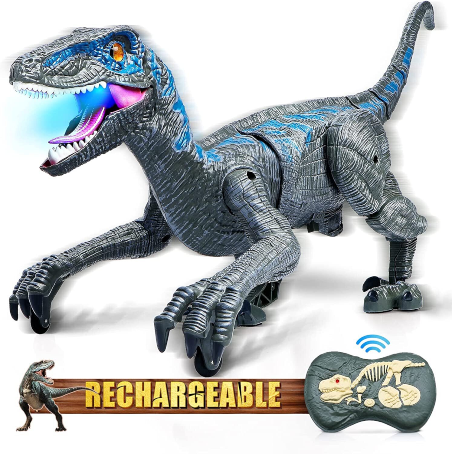 Beefunni Remote Control Dinosaur Toys for Kids, Simulation Blue Velociraptor with Sound, Rechargeable Dinosaur Toys for Boys Girls 3-12 Years Beefunni