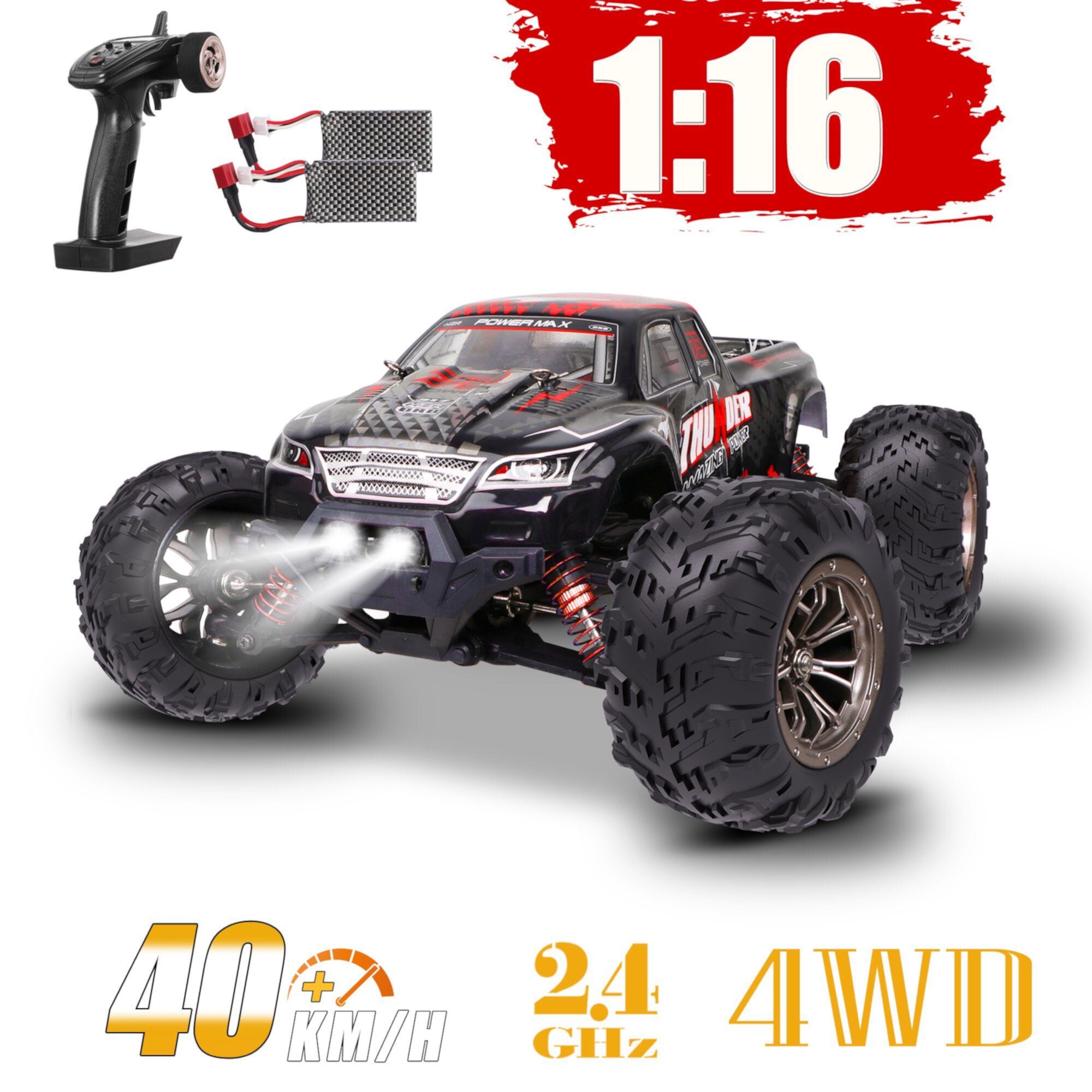 Beefunni 1:16 RC Car,36+kmh,4WD All Terrain Off-Road Remote Control Car, 2.4Ghz RC Crawler, 2 Battery, Xmas Gifts for Boys Beefunni