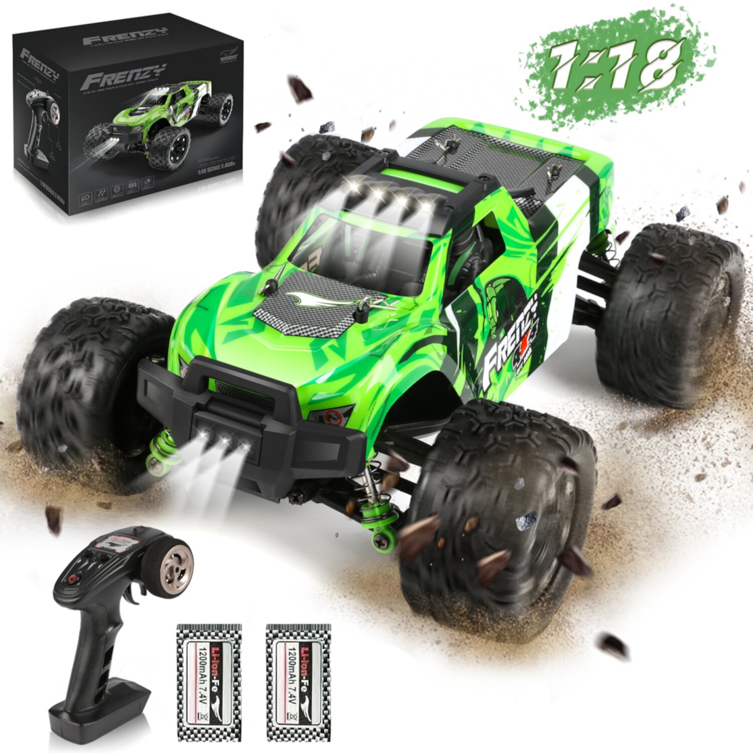 Beefunni RC Car 1:18 All Terrain, 40 MPH High Speed 4WD Off-Road RC Trucks, with 2.4 GHz Remote Control, 4X4 Waterproof Monster Truck  with 2 Rechargeable Batteries, Toys Gifts for Boys Kids Adults Beefunni