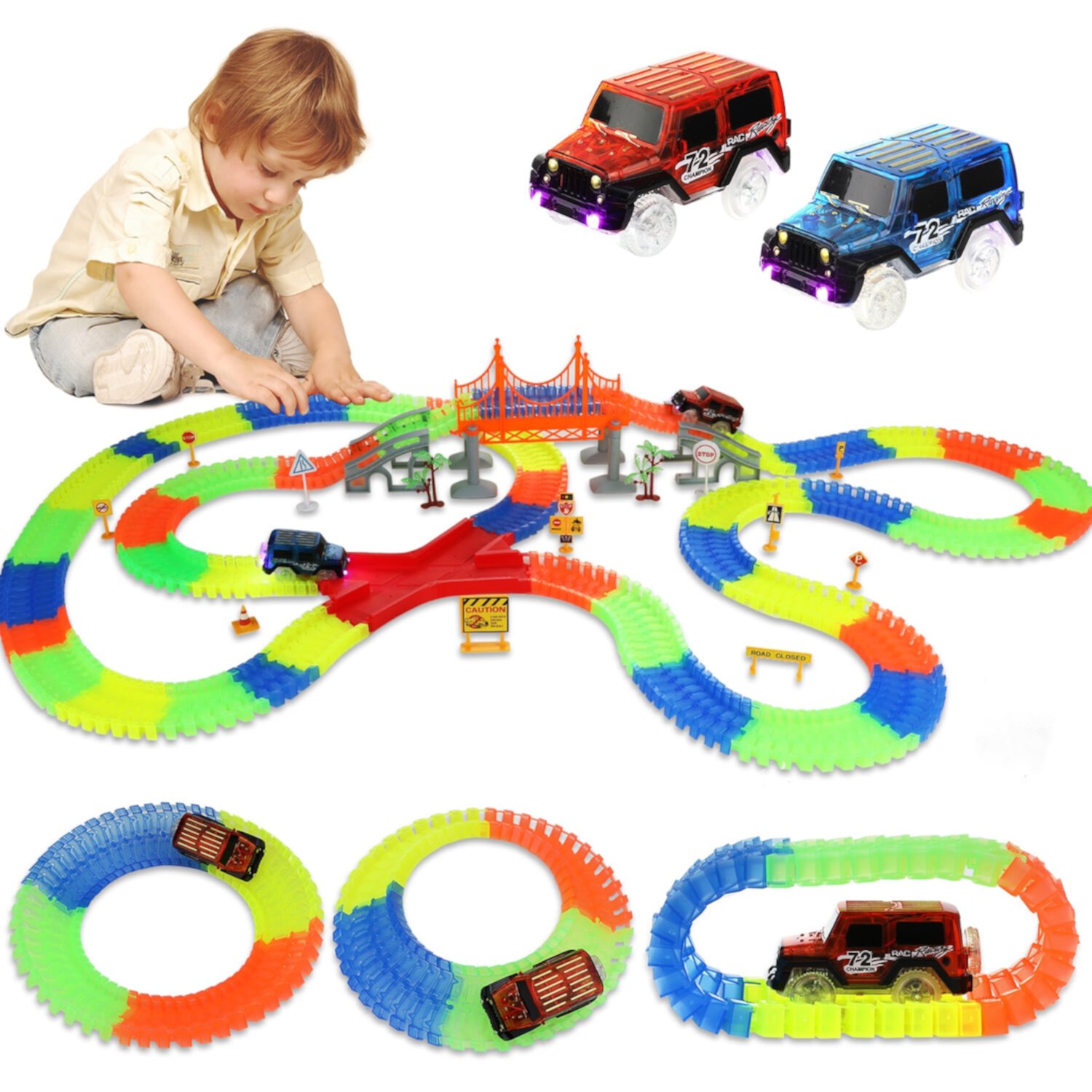 Lictin Glow Race Car Tracks Toys for Kids, 402Pcs LED Light Race Track Set with Light Up Race Cars, Bendable Building Flexible Track Playset for Boy Girls Aged 3+ Lictin