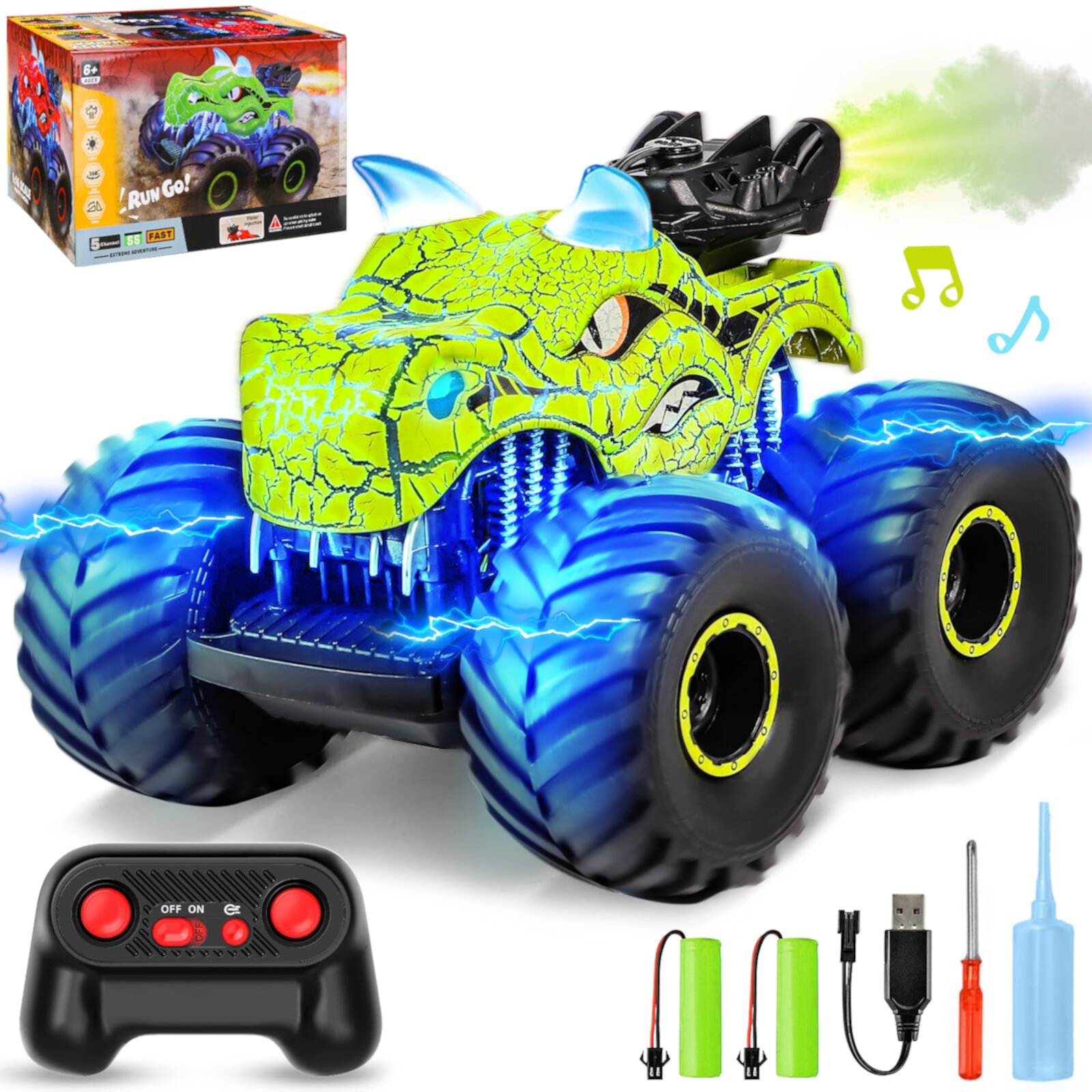 UQN Remote Control Cars for Boys, 2.4Ghz RC Dinosaur Toys for Boys 3-6, RC Monster Trucks with Light & Sound Spray, Birthday Christmas Gift for Boys 3 4 5 6 7 8, Green Huge Wave