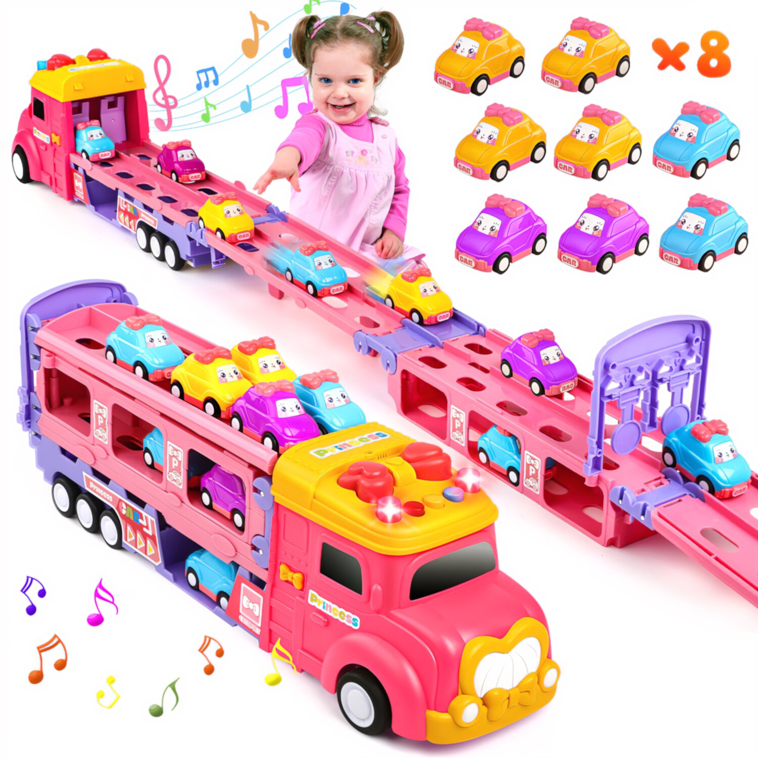 Huge Wave 9 in 1 Princess Toy Carrier Truck for Girls, Foldable Transport Truck, Toddlers Pull Back Girl Toy Car Set for 2 3 Years Old, Kids Birthday Gift Christmas Toys Gift for Girls 3 4 5 6+ Huge Wave