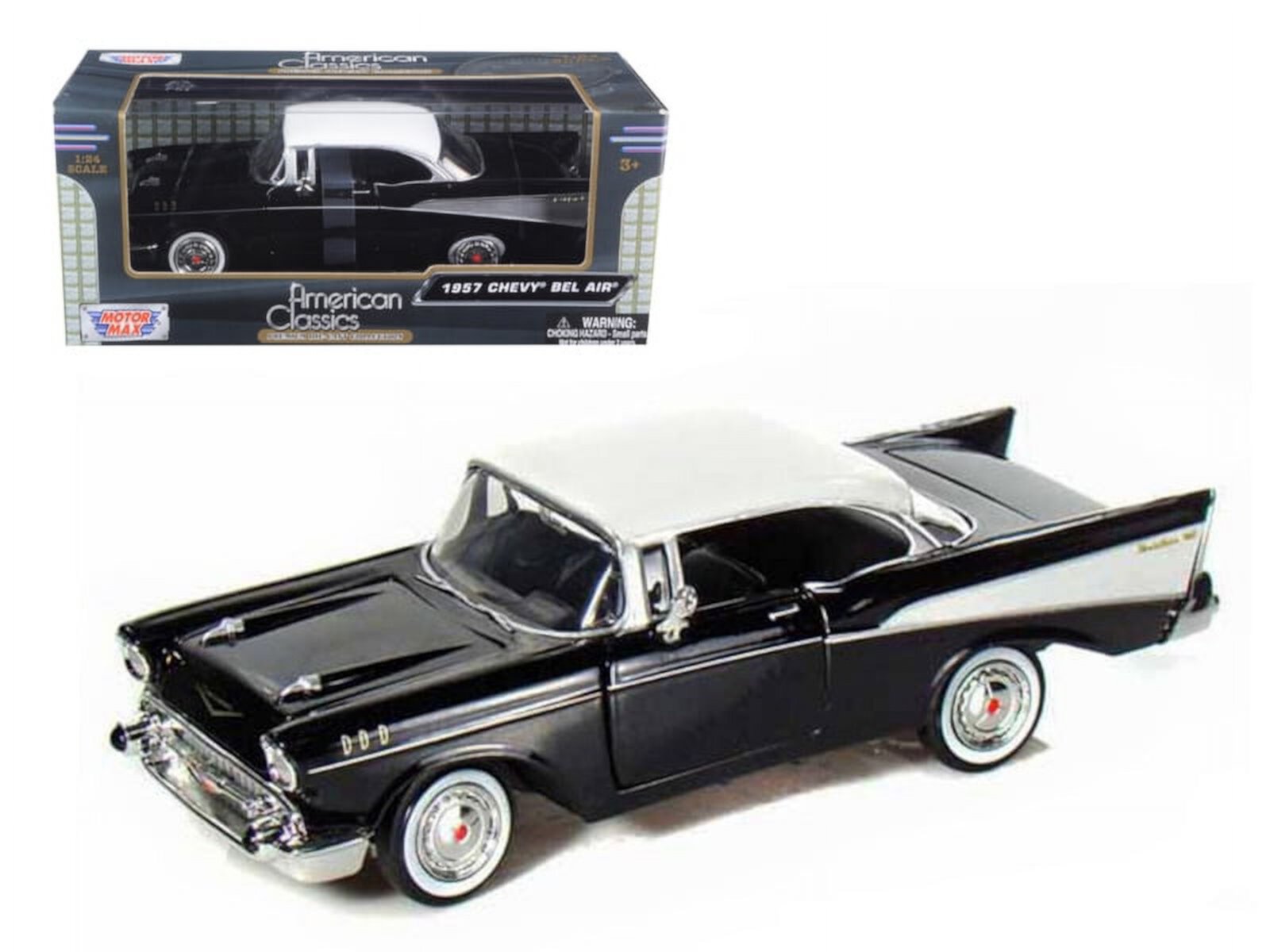 Chevrolet Bel Air 1957 года модель автомобиля в масштабе 1:24, черный с белой крышей, новая деталировка Motormax