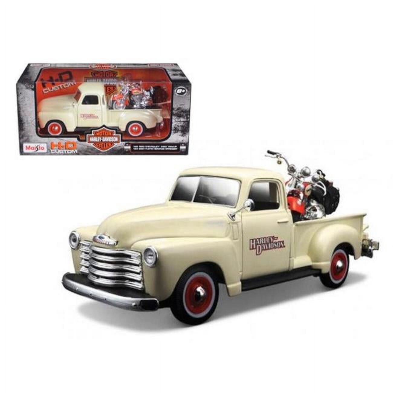 Maisto  1950 Chevrolet 3100 Pickup Truck Harley Davidson 1-25 with 2001 FLSTS Heritage Springer Motorcycle 1-24 Diecast Model Maisto