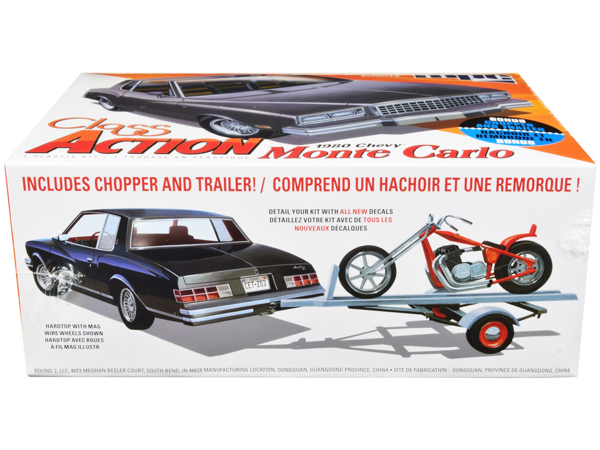 Diecast Skill 2 Model Kit 1980 Chevrolet Monte Carlo "Class Action" with Motorcycle and Trailer (Skill 2) 1/25 Scale Model Car by MPC MPC