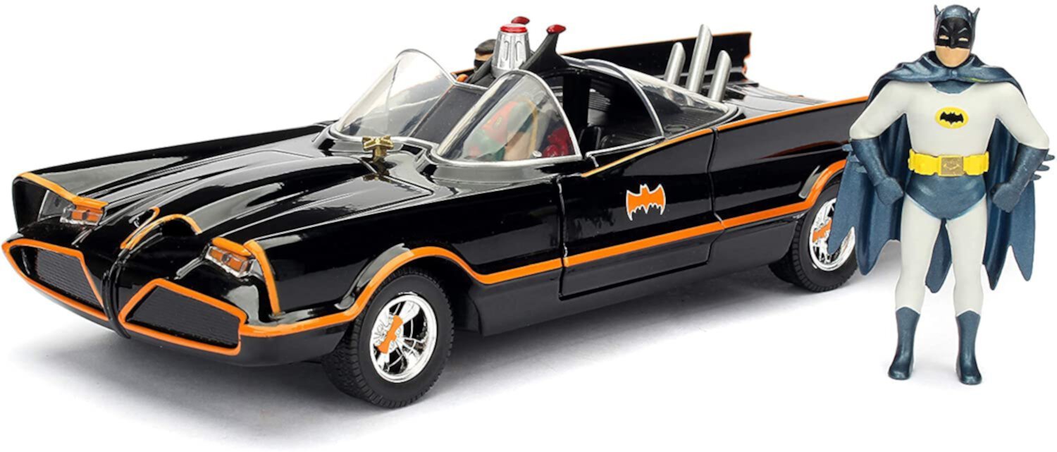 1966 Classic TV Series Batmobile 1:24 Die-Cast Car with 2.75" Batman and Robin Figures, Toys for Kids and Adults JADA TOYS