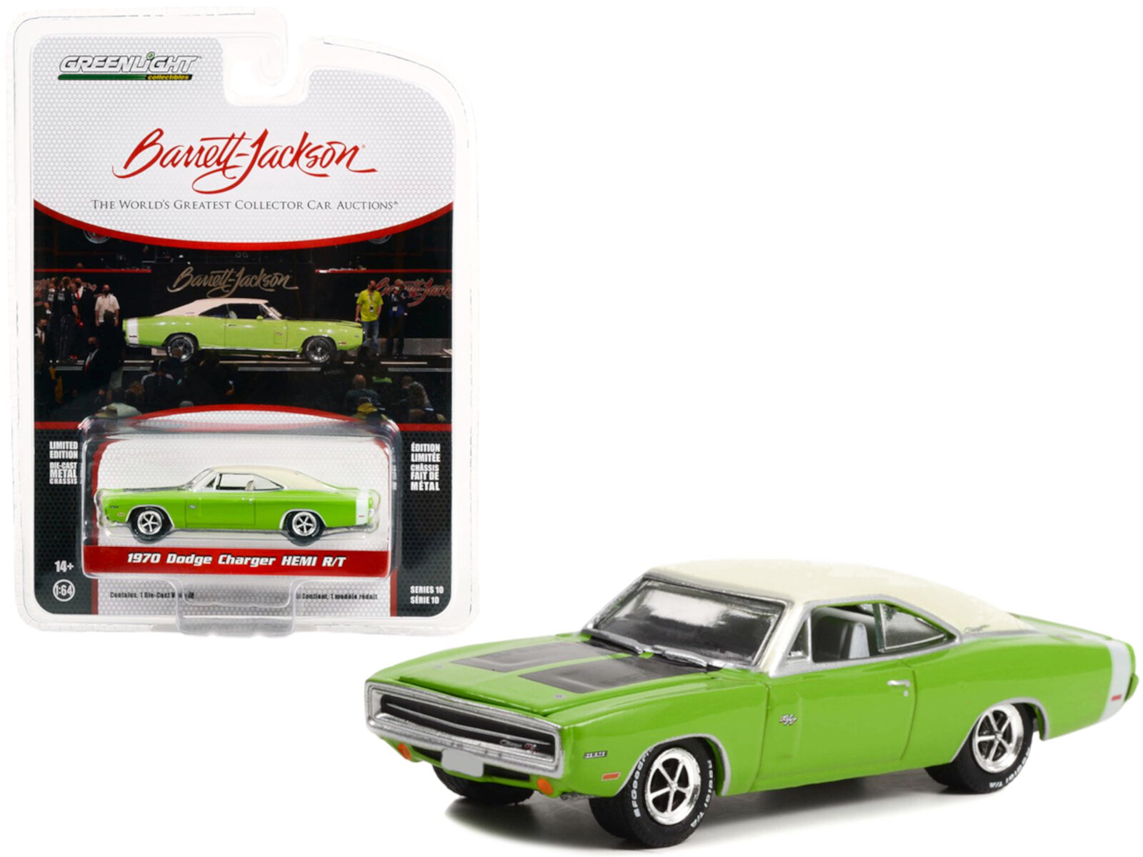 1970 Dodge Charger HEMI R/T Sublime Green with White Roof and White Tail Stripe (Lot #777) 1/64 Diecast Model Car by Greenlight Greenlight