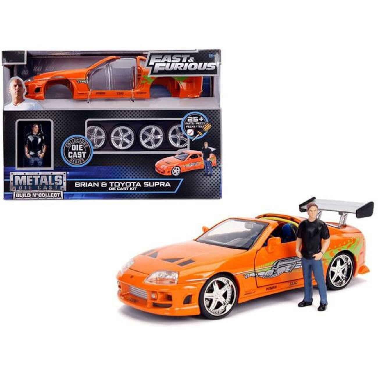 Model Kit Toyota Supra Met. Orange with Brian Diecast Figure, Fast & Furious Movie, Build N' Collect, 1:24 Diecast Car Jada Fast and the Furious