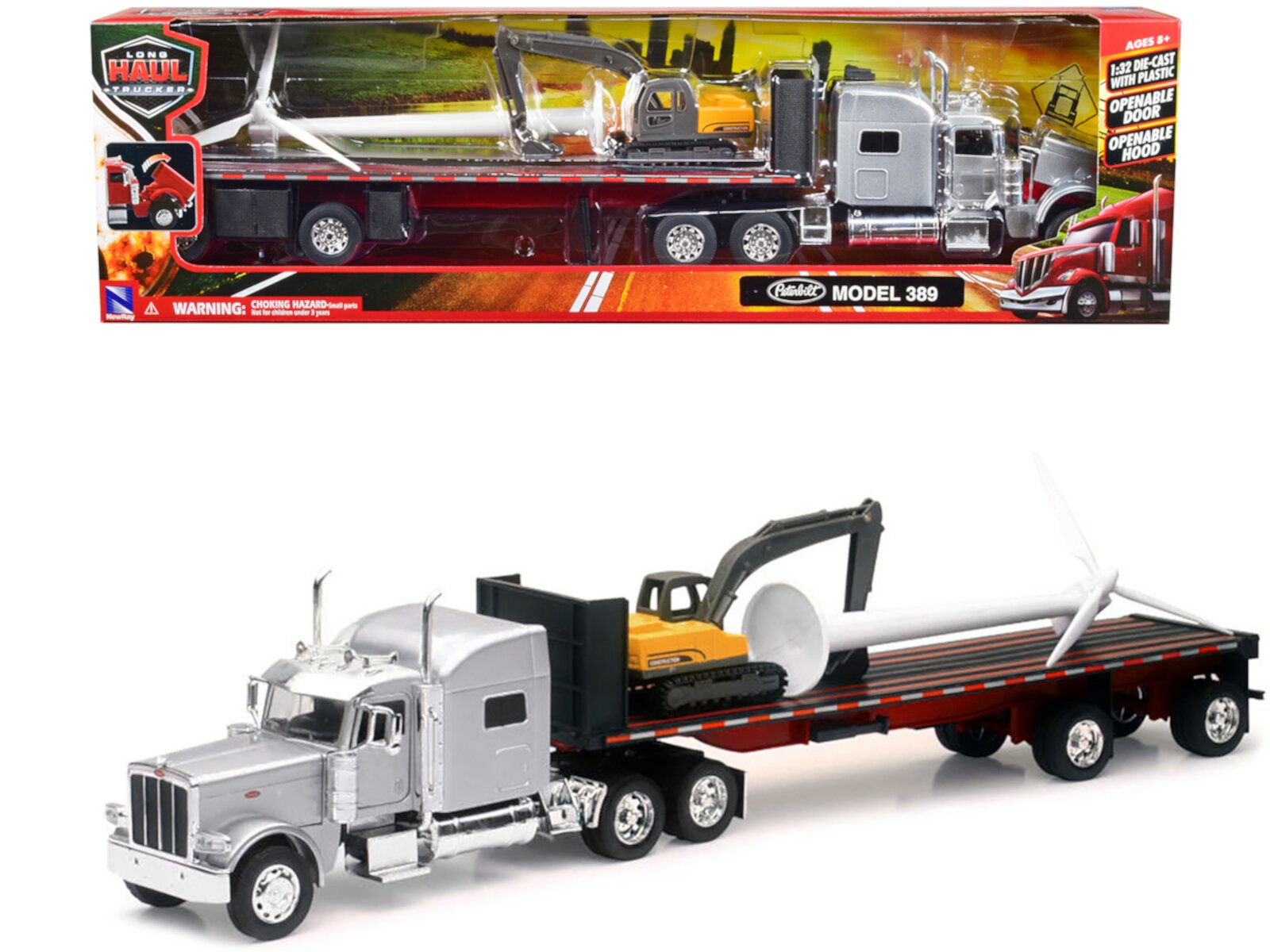 Peterbilt 389 Truck with Flatbed Trailer Silver Metallic with Excavator and Wind Turbine 1/32 Diecast Model by New Ray New Ray Toys