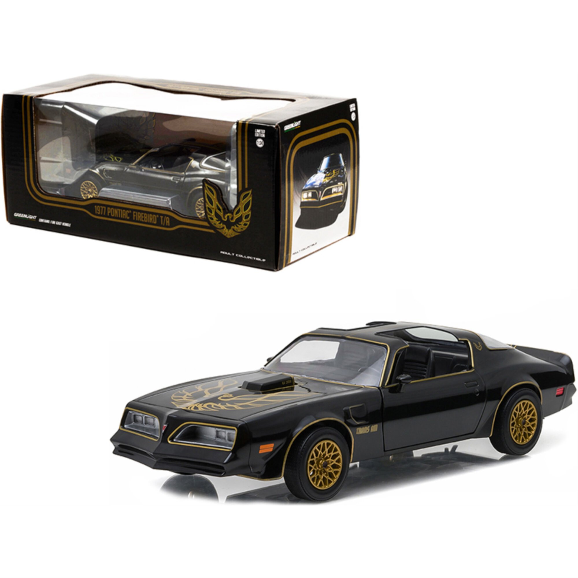 Greenlight 84036 1-24 Scale 1977 Pontiac Firebird Trans Am StarliteEagle Hood & Stripes Diecast Model Car, Black & Gold Greenlight